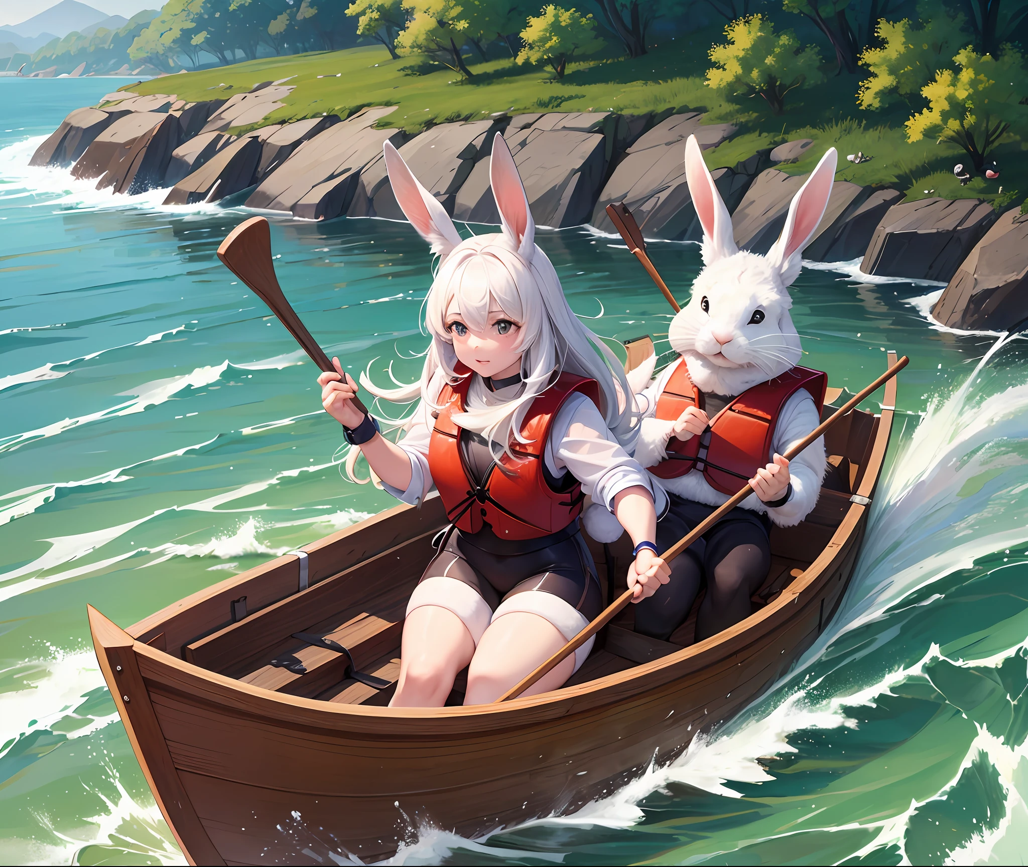 Dragon boats, rabbits, robust rabbits, lots of rabbits, wearing life jackets, paddling hard, rabbits beating drums on the bow, the river is rough,