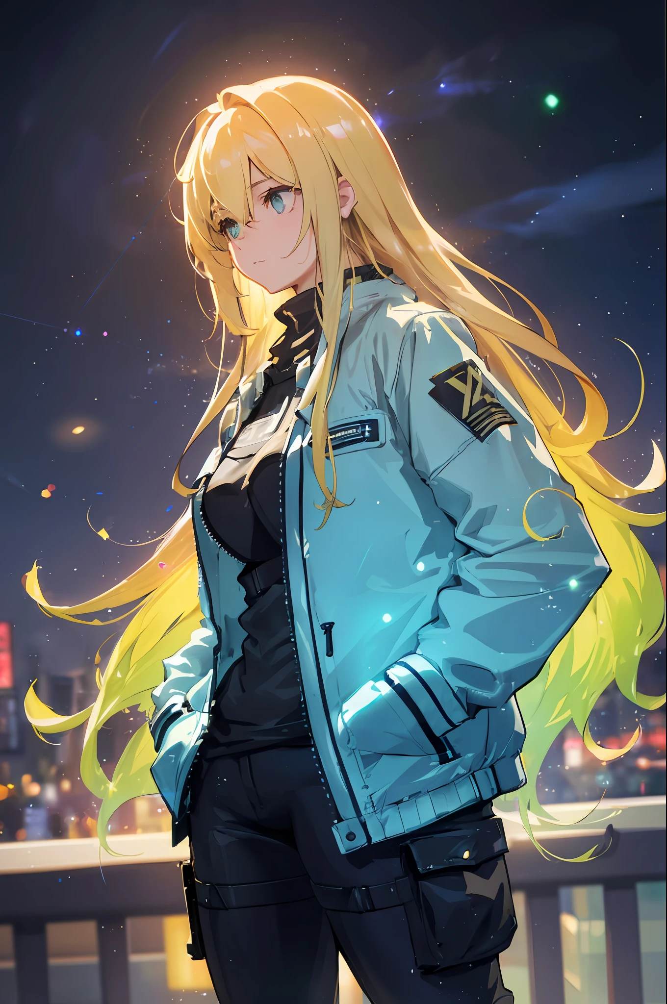 a girl blowing a big bubblegum with both of her hand in her pocket , (hands in pocket:1.4), (big bubblegum:1.4), (Shibuya:1.4), (night lights:1.4), (Thick Body:1.4), (Long Blond Hair:1.4), Green Eyes, HDR (High Dynamic Range), Ray Tracing, NVIDIA RTX, Super-Resolution, Unreal 5, Subsurface Scattering, PBR Texturing, Post-Processing, Anisotropic Filtering, Depth-Of-Field ,Maximum Clarity And Sharpness, Multi-Layered Textures, Albedo And Specular Maps, Surface Shading, Accurate Simulation Of Light-Material Interaction, Octane Render, Two-Tone Lighting, Low ISO, White Balance, Rule Of Thirds, Wide Aperture, 8K RAW, Efficient Sub-Pixel, Sub-Pixel Convolution, (Luminescent Particles:1.4), {{Masterpiece, Best Quality, Extremely Detailed CG, Unity 8k Wallpaper, 3D, Cinematic Lighting, Lens Flare}},