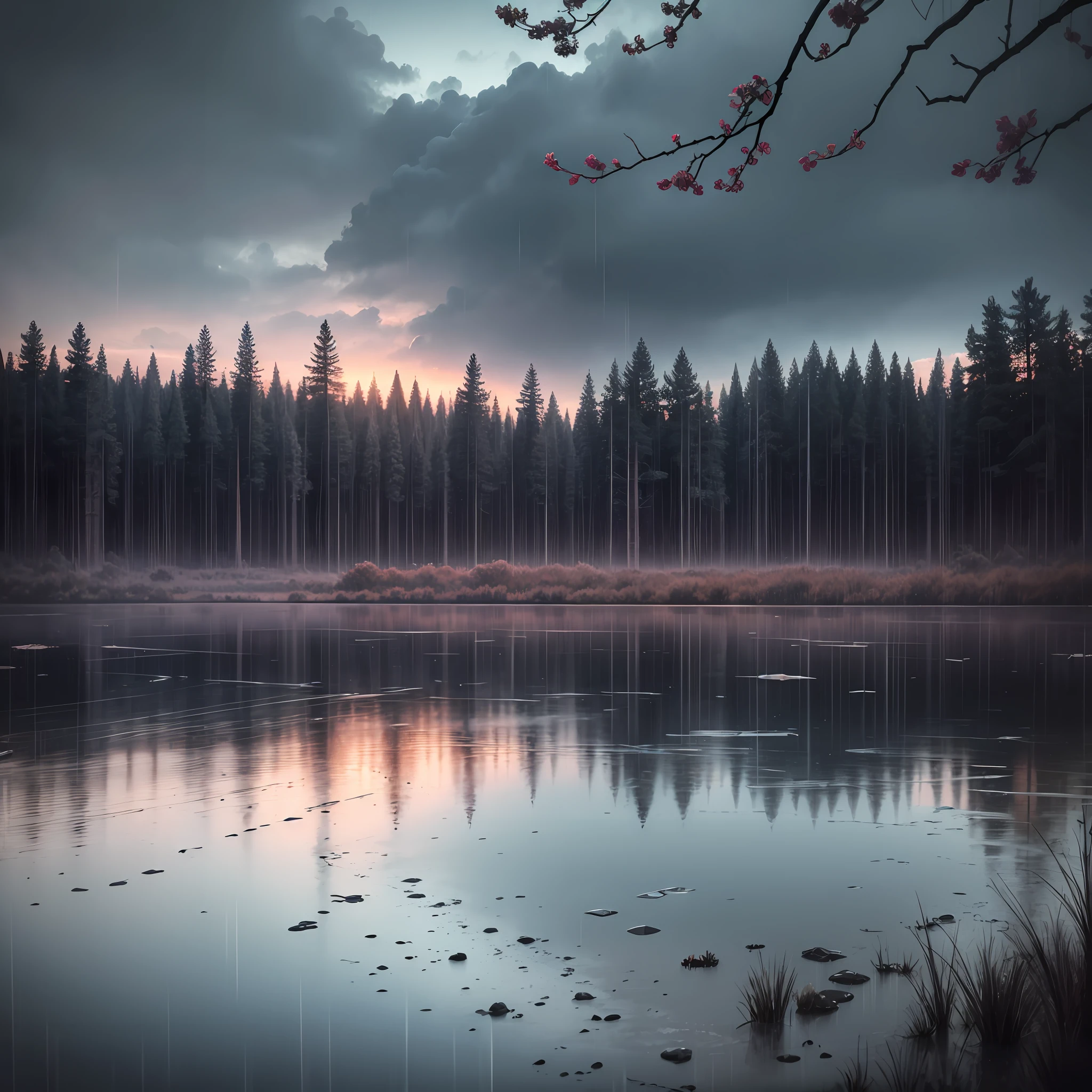 create an image of a rainy relaxing landscape darkening --auto --s2