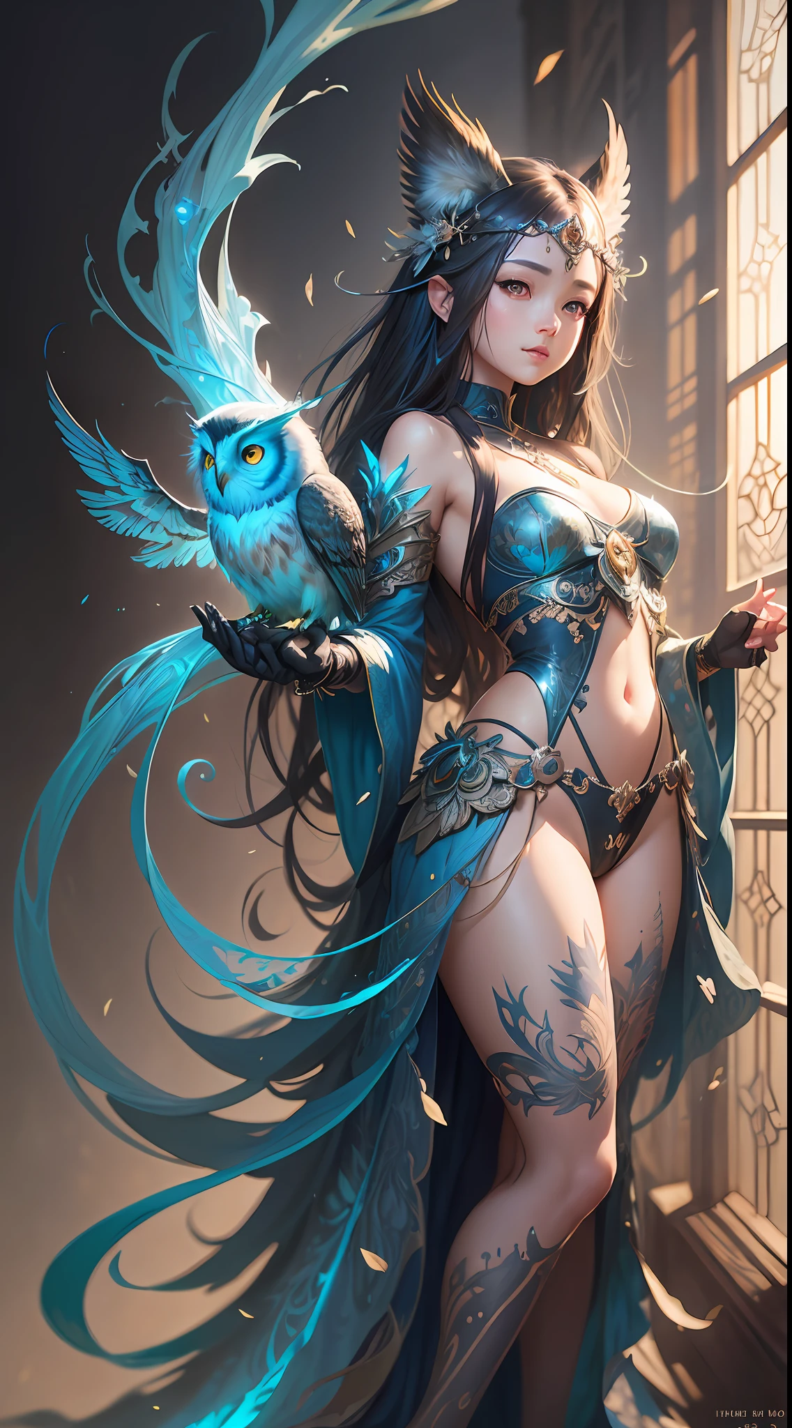 Cute and adorable fantasy owl, Bird-of-Paradise, sparrow, full body, shiny metallic jeweled depth, glowing smoke neon eyes, hoarfrost metal lace, fantasy, sunlight, sunbeam, intricate detail. 8k, dreamlike, surrealism, super cute, symmetrical, soft lighting, trending on artstation, intricate details, highly detailed, unreal engine, by ross tran, wlop, artgerm and james jean, Brian Froud, art illustration by Miho Hirano, Neimy Kanani, oil on canvas by Aykut Aydoğdu, oil painting, heavy strokes, paint dripping