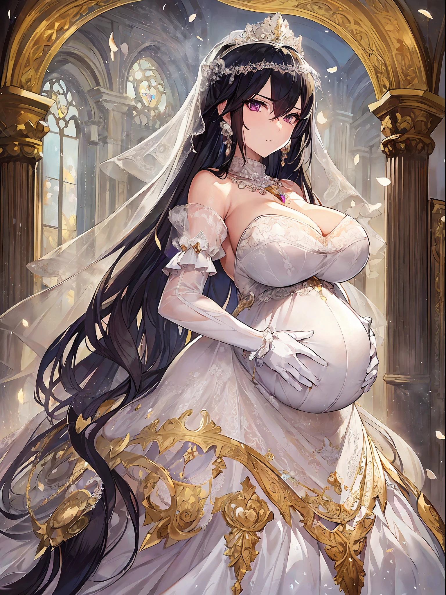 ((anime artstyle)),(Masterpiece), (Best Quality), (Super Detail), Illustration, (((Very Delicate and Beautiful))),Dynamic Angle,Looking at viewer,((((Solo)))),(((Full body))),(((1 arrogant pregnant empress in See-through white wedding dress having a wedding ceremony in a royal palace))),((((heavily pregnant)))),last month of pregnancy,(standing),((embarrassed)),anguish,Purple eyes,(Sharp eyes),Detailed Face, Long Eyelashes,Jet Black Hair,Straight Hair,((Very Long Hair)),Bangs between eyes, ((((gigantic breasts)))),cleavage,skindentation,curvy,See-through,(((fusion of See-through white wedding dress and white rococo ball gown))),(fluffy See-through white wedding dress with gorgeous embroidery),(((hoop skirt))),long skirt,corset,crinoline,long bridal veil,opera gloves,Beautifully Gorgeous jeweled big tiara,Beautifully Gorgeous gem earrings,Beautifully Gorgeous jeweled necklace,Beautifully Gorgeous jeweled ornaments,indoor,white lily flowers, flower petals flowing,Stained glass,light particles,