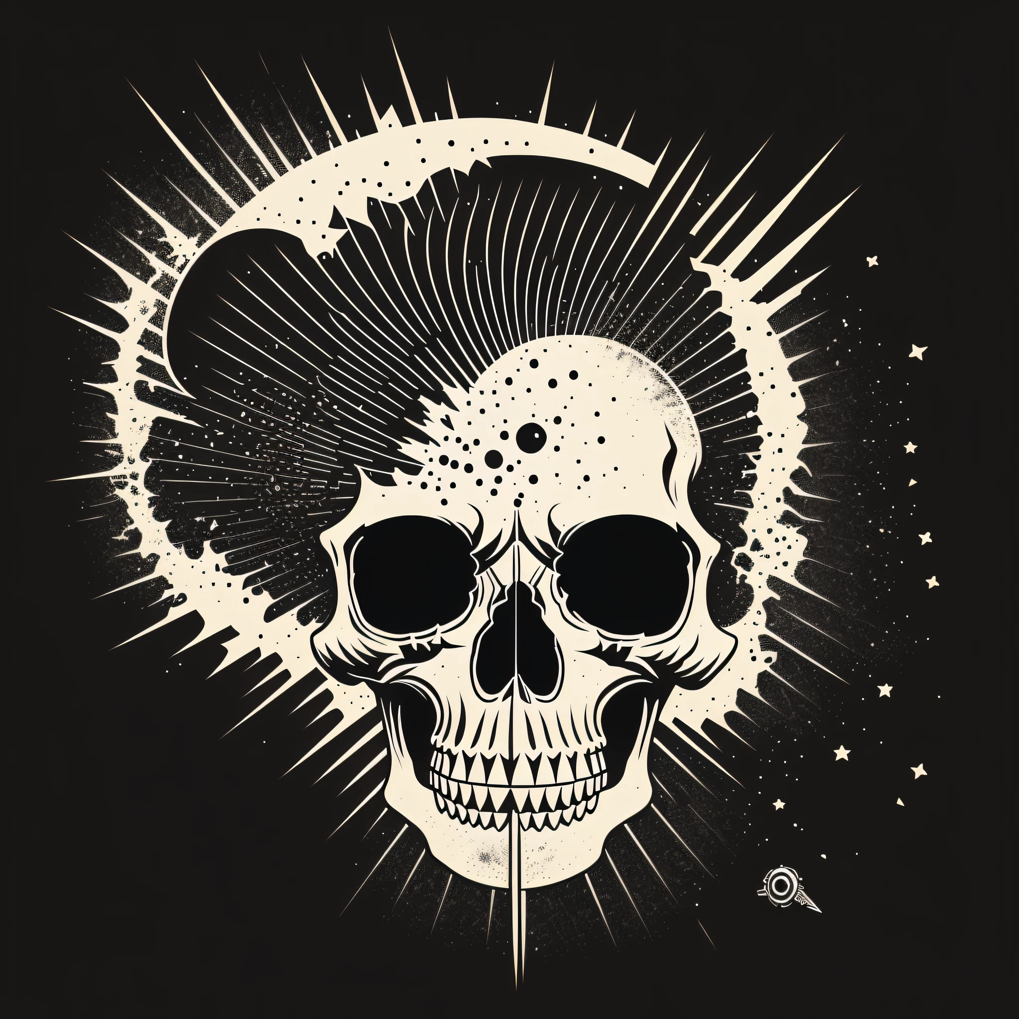 anarchist skull, revolver bullet teeth, vector image, t-shirt design, isolated, black background, illustration limited to 4 colors, black background --auto --s2