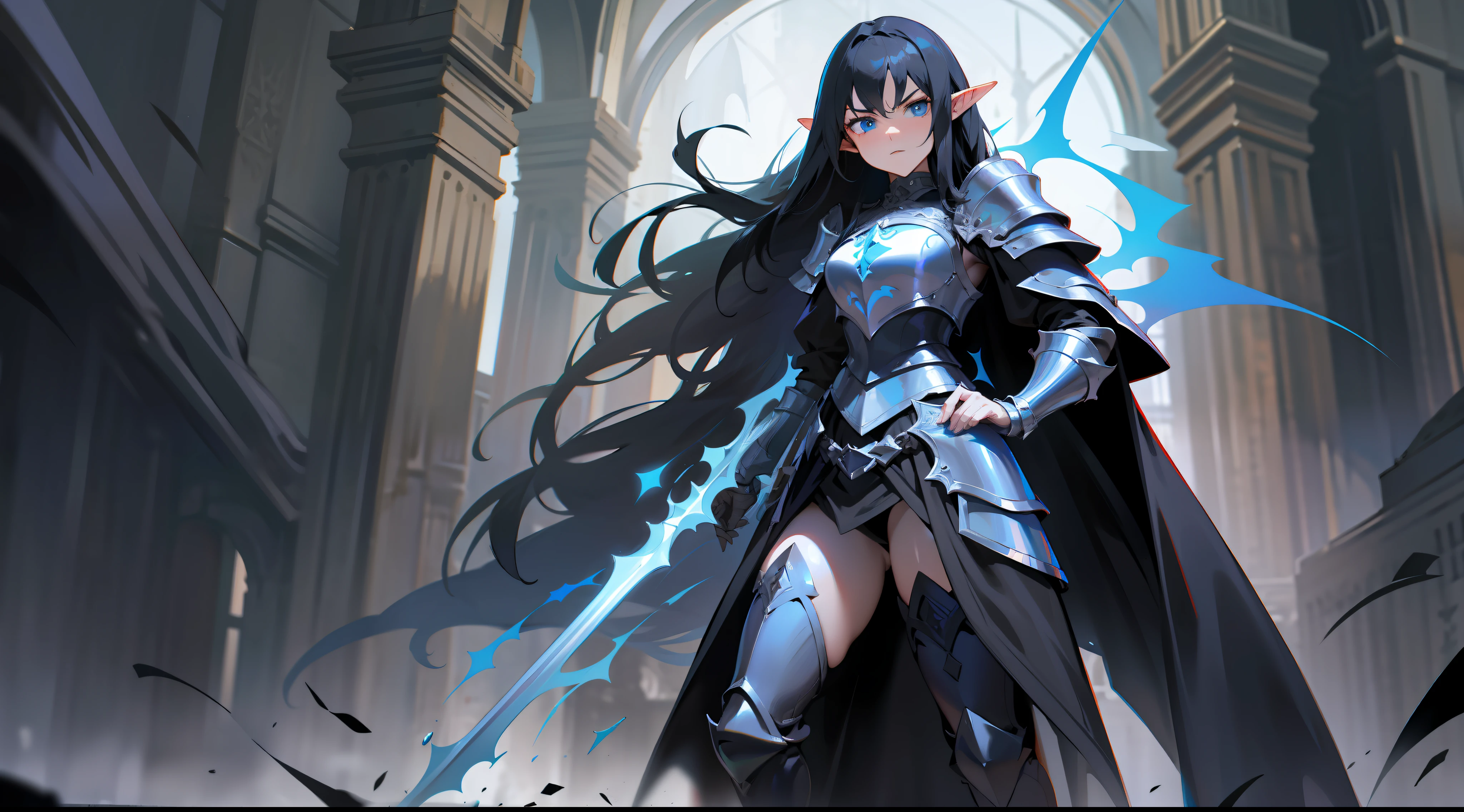elf, long black hair, blue eyes, paladin, dark black heavy armor, heroic pose, full body, serious expression, fantasy, medieval, night, dark dungeon, lens reflection