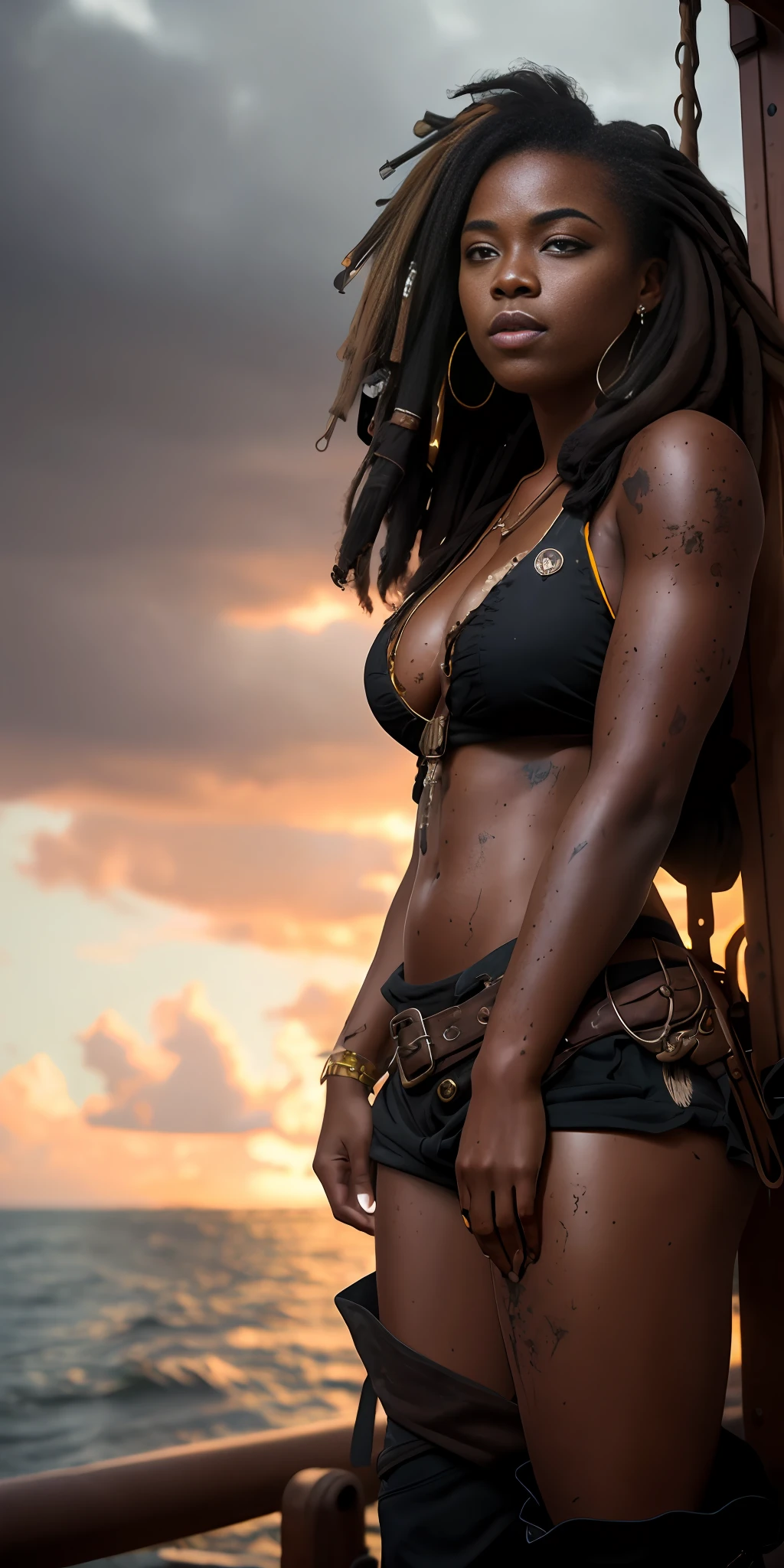 dramatic lighting, high quality, cinematic film, (attractive black girl, wearing dirty and tattered pirate costumes, standing on the deck of a pirate ship moored in the Caribbean port), dark and gloomy atmosphere, toned body (torn clothes: 0.8), perfect face, looking at the viewer, (detailed skin), [tattoos], [freckles], ((dirty)), (muddy), (storm clouds: 0.7), (storm weather: 0.5),  dull, natural lighting, (direct light:0.4), grain of 8mm film, shot on Sony a9 II, 24mm lens, F/2.8 aperture, deep focus, (RAW), 8k, (still from The Lost Pirate Kingdom)