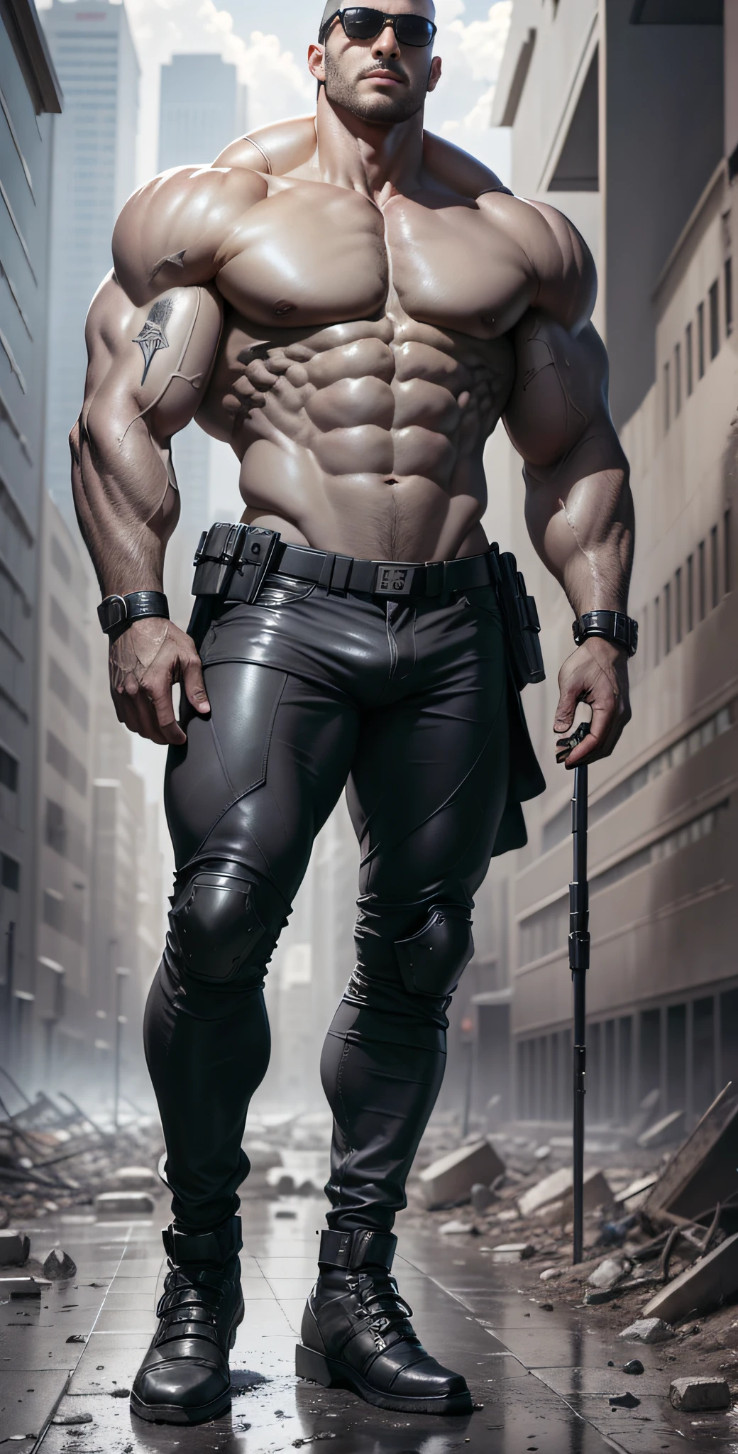 Arad man in gray, black and white clothes standing in desolate ruins, muscle male hero, Buzz cut, heroic male pose, tall and burly, muscular! Wearing black sunglasses, tall burly and strong, stealth suit, super buff and cool, high resolution committee, character design police, black military boots, attractive strong male