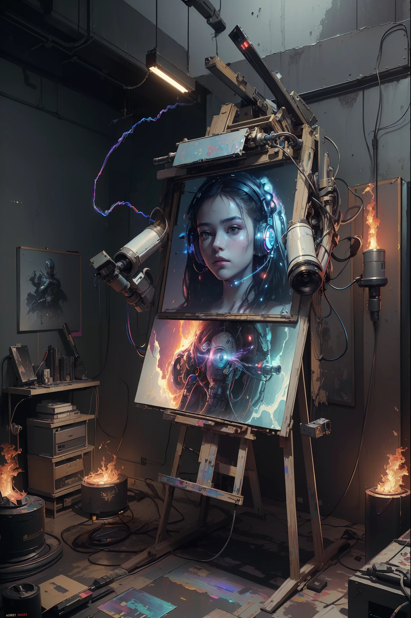 (masterpiece, best quality, highres, absurdres, detailed:1.2), humanoid, robot, wearing headphones, looking away, (cyberpunk, art canvas, paint brush, easel, iridescent, holographic: 1.6), (cables, wires, flames, fire, smoke, overheat, explosion, indoors, room, simple background)