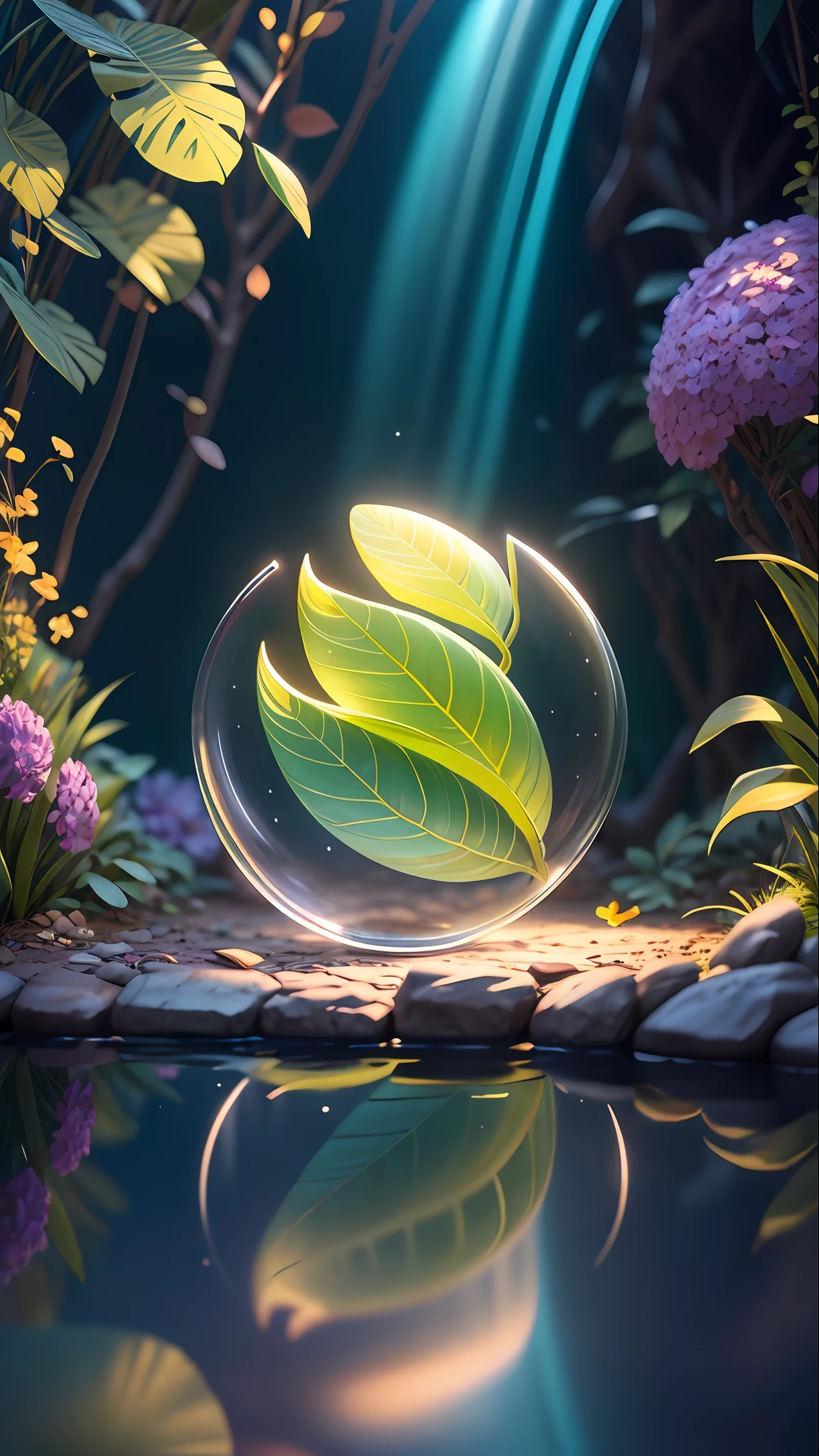 masterpiece,((clean glass,shine:1.2,(transparent:1.1),gloss)), best quality,( Pixar - style :1.4), (In a cave, at night, surrounded by glowing plants, flowers, flying fireflies, bonfires), (Ultra detailed, aesthetic, beautiful composition, rich bright colors, volumetric soft light). 4k,reflection in the water,water ripple Inspired by Alice in Wonderland, magic, fairy tales. unreal Engine, octane render, cuteness render, 3d rendering, Adobe Photoshop, awe inspiring, beautiful