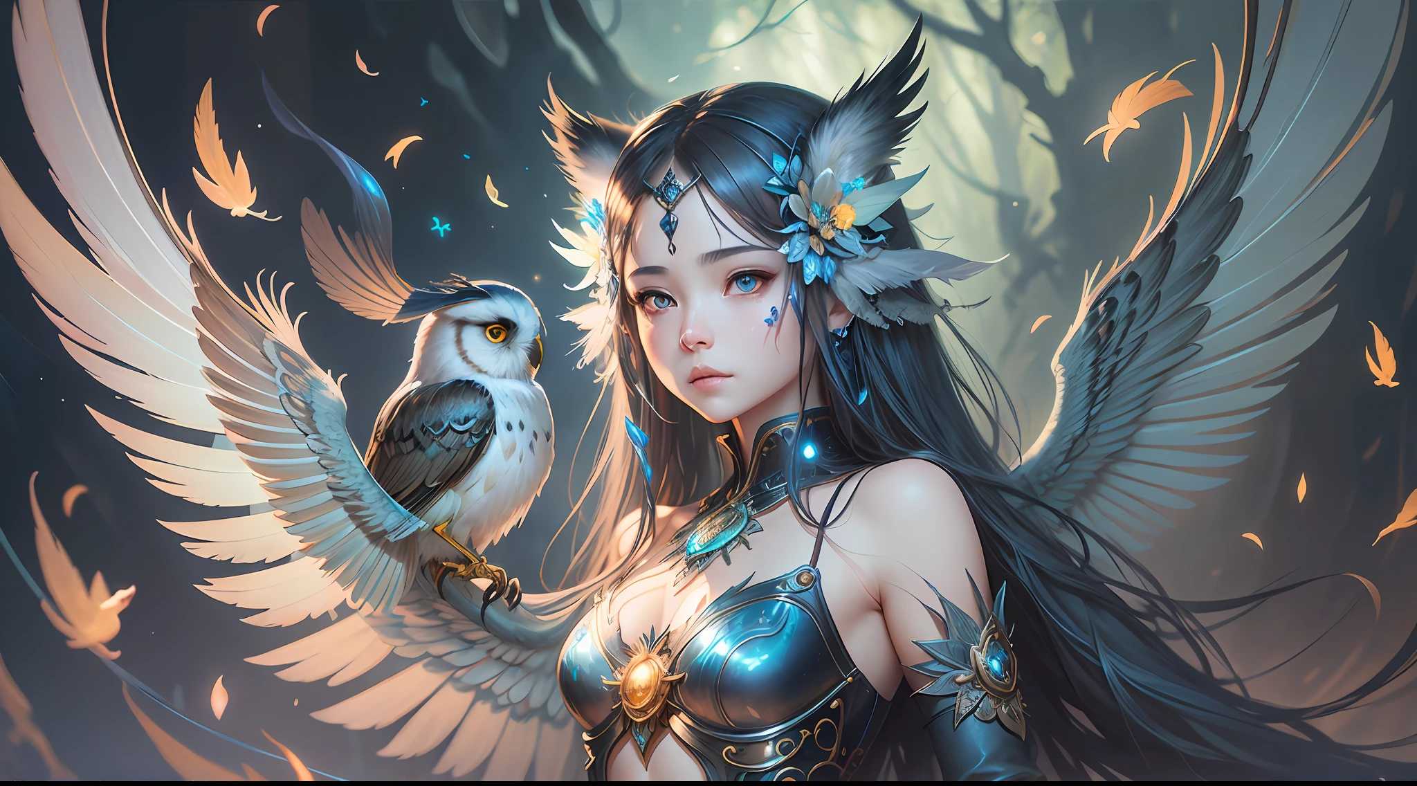 Cute and adorable fantasy owl, Bird-of-Paradise, sparrow, full body, shiny metallic jeweled depth, glowing smoke neon eyes, hoarfrost metal lace, fantasy, sunlight, sunbeam, intricate detail. 8k, dreamlike, surrealism, super cute, symmetrical, soft lighting, trending on artstation, intricate details, highly detailed, unreal engine, by ross tran, wlop, artgerm and james jean, Brian Froud, art illustration by Miho Hirano, Neimy Kanani, oil on canvas by Aykut Aydoğdu, oil painting, heavy strokes, paint dripping