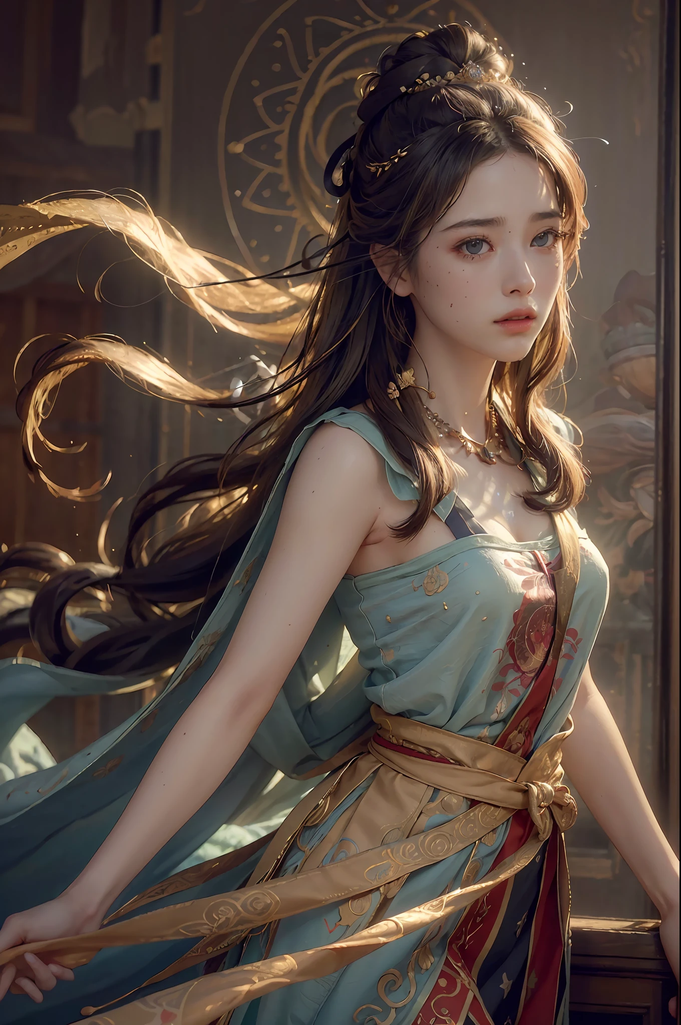 (RAW photo, best quality), (realistic, photo-realistic:1.3),best quality,highly detailed,masterpiece,ultra-detailed,illustration,1girl,upper_body,dynamic angle,world masterpiece theater,messy_long_hair,best quality,extremely detailed CG unity 8k wallpaper,ink,Amazing,cinematic lighting,lens_flare,,dunhuang_style
