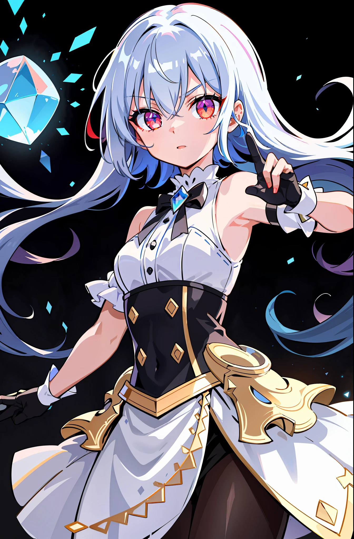 (fine, clear images, super resolution, extremely amazing detail, awesome detail), subsurface scattering, masterpiece, best quality, high quality, 1girl, solo, upper body, (one hand at the side and the other on the waist), prism eyes, prism hair, prism, serious, [silver|white] + (blue: -0.3) hair, blue + red eyes, gradient eyes, multicolored eyes, calm, small breasts, skirt, gloves with optimal proportions of four fingers and one thumb, glow, Glowing eyes, glowing white particles, glitter, bloom, fantasy, cave,