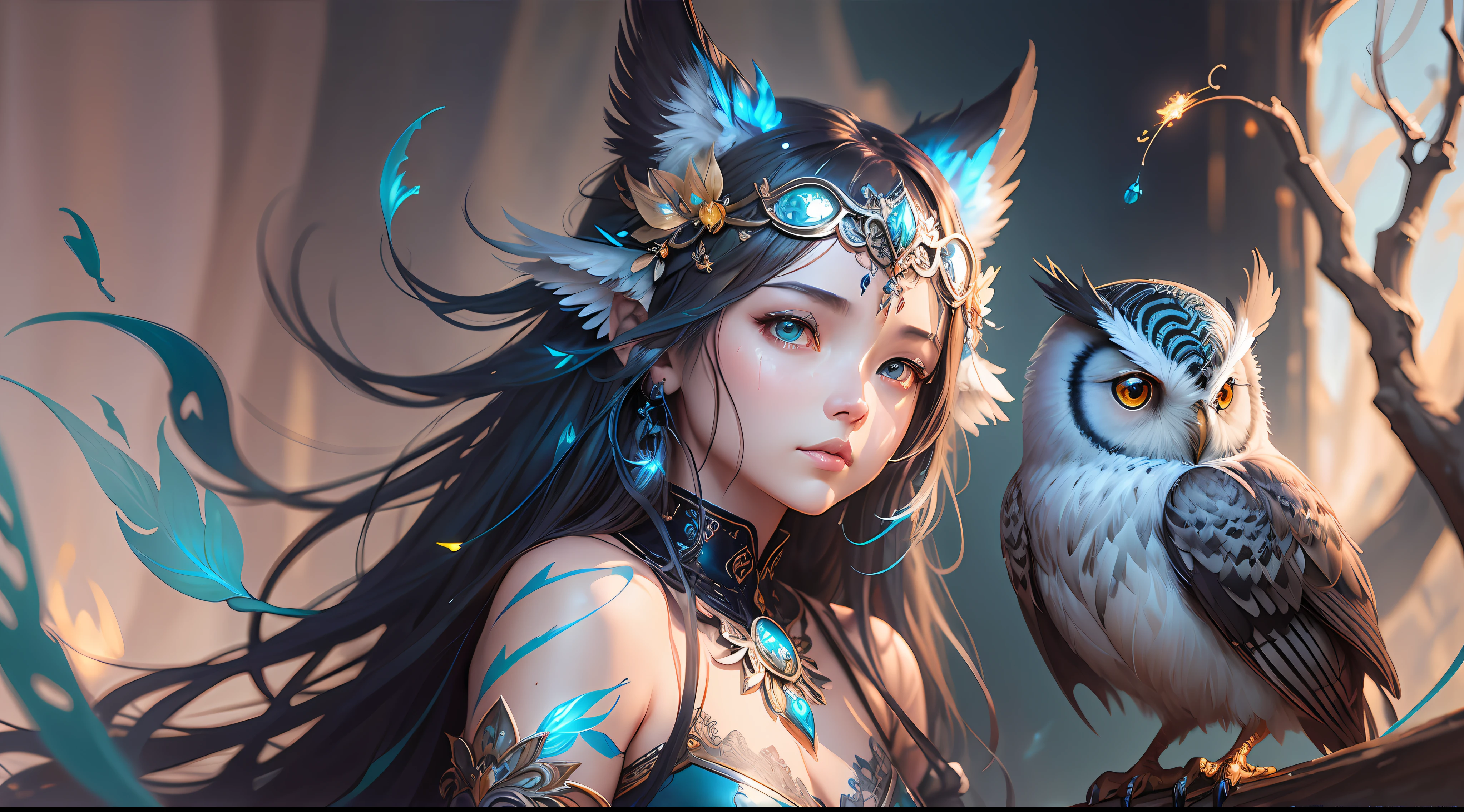 Cute and adorable fantasy owl, Bird-of-Paradise, sparrow, full body, shiny metallic jeweled depth, glowing smoke neon eyes, hoarfrost metal lace, fantasy, sunlight, sunbeam, intricate detail. 8k, dreamlike, surrealism, super cute, symmetrical, soft lighting, trending on artstation, intricate details, highly detailed, unreal engine, by ross tran, wlop, artgerm and james jean, Brian Froud, art illustration by Miho Hirano, Neimy Kanani, oil on canvas by Aykut Aydoğdu, oil painting, heavy strokes, paint dripping