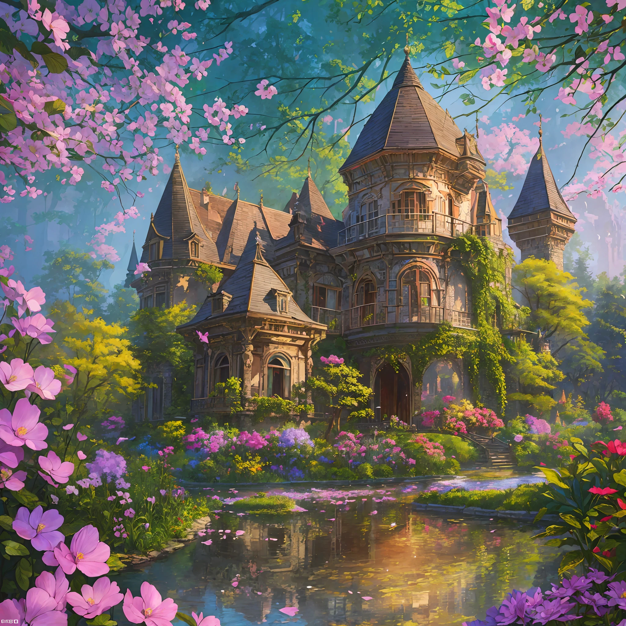 Old style painting, abandoned castle mansion covered in forest, supersaturated, princess tower, gazebo, balcony, colorful, birds, flowers, very detailed, high resolution, reflections traced by rays, dramatic lighting, 8k vibrant colors, detailed acrylic, intricate, natural volumetric film soft perfect light, oil painting --auto --s2