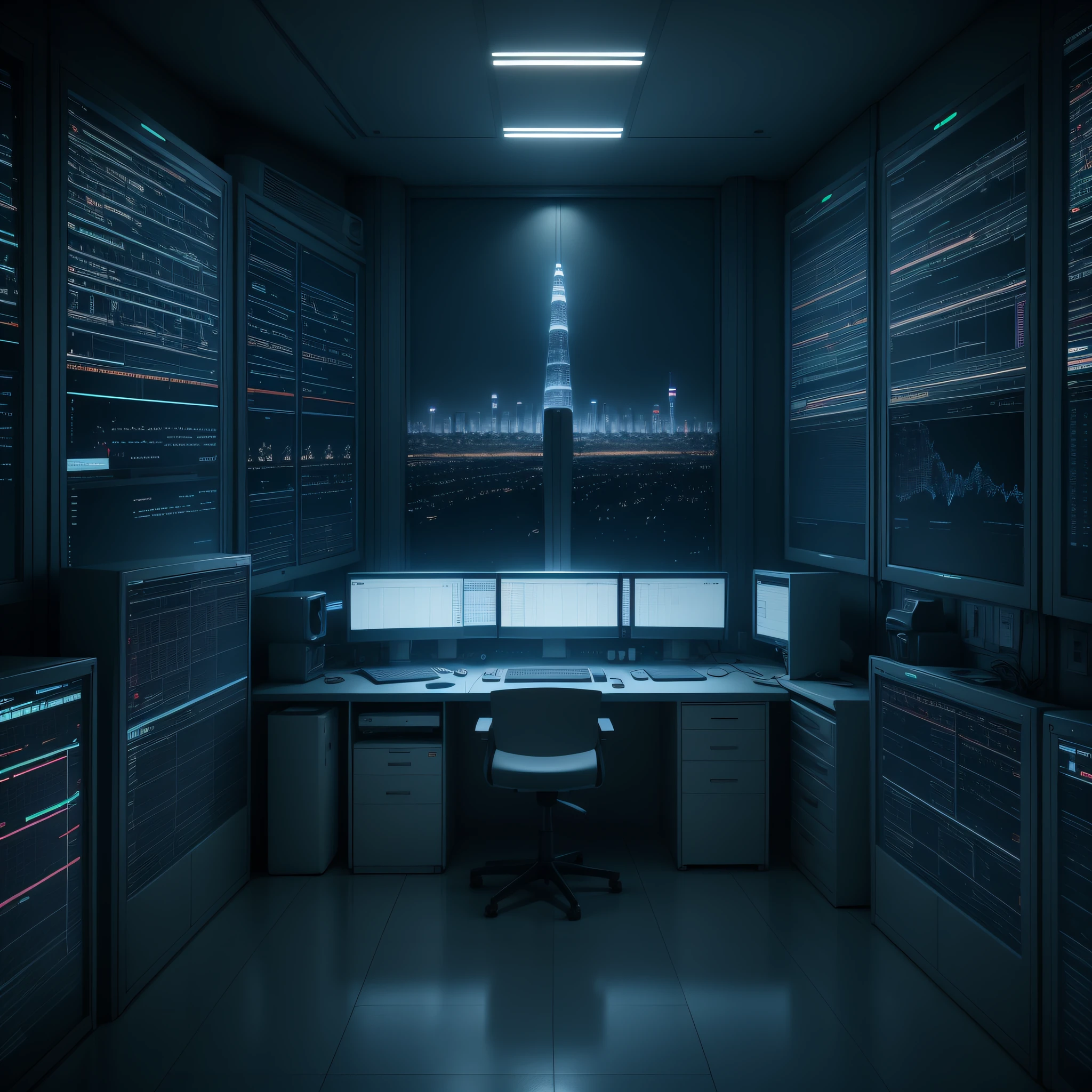 create wallpaper of a network monitoring room at night
