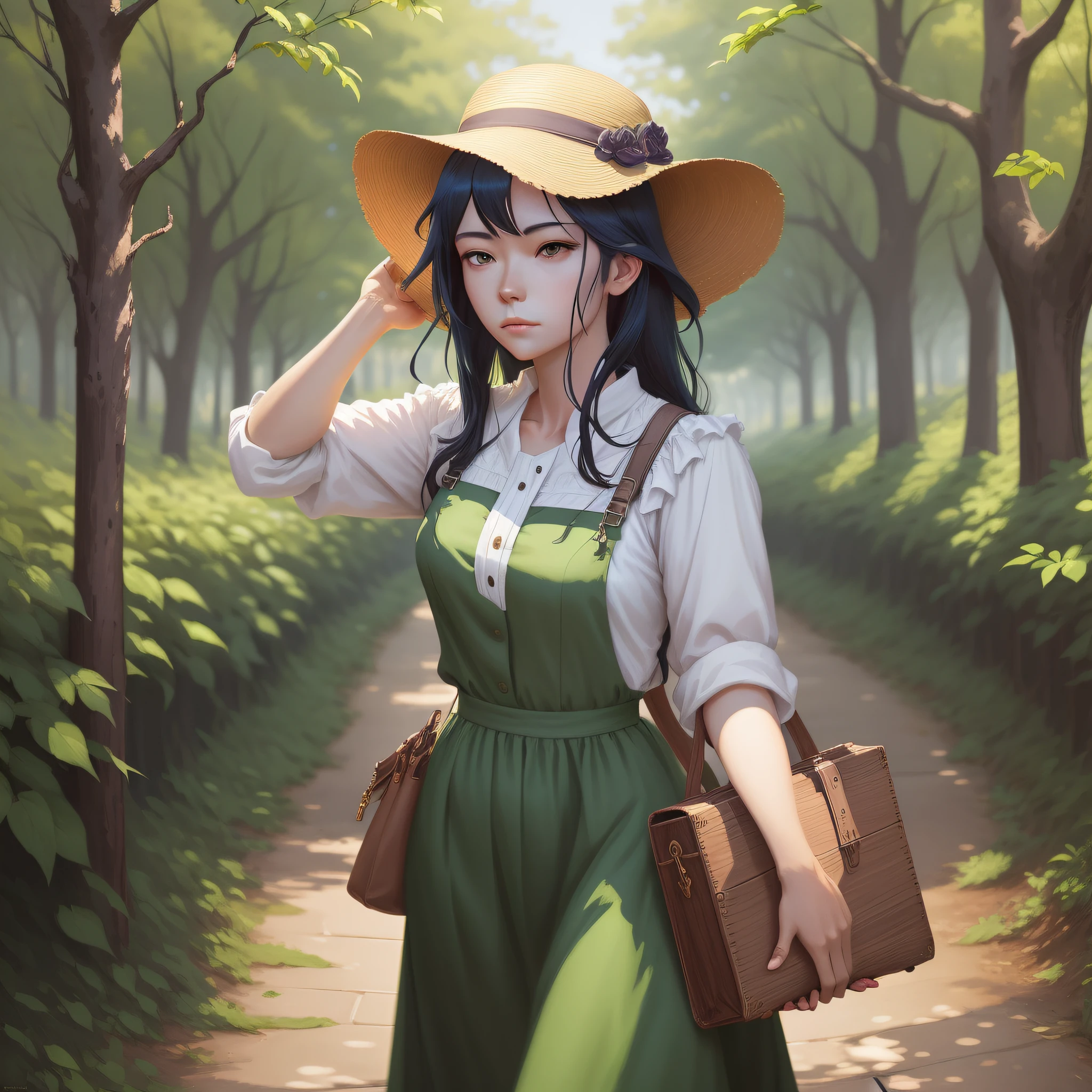 there is a woman in a green dress and hat walking down a path, Art in the style of Guweiz, Guweiz, Artgerm and Atey Ghailan, made with anime painter studio, Guweiz in Pixiv ArtStation, Guweiz in ArtStation Pixiv, painted in anime painter studio, anime realism style, by Yang J