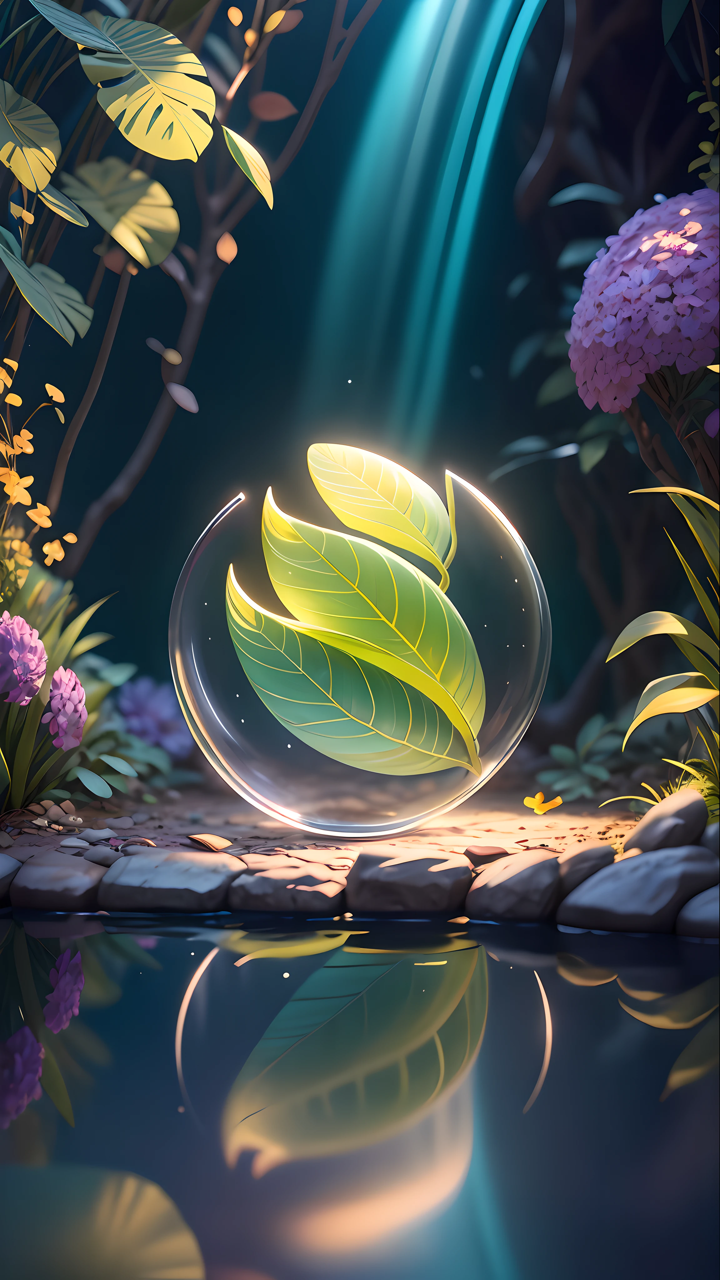 masterpiece,((clean glass,shine:1.2,(transparent:1.1),gloss)), best quality,( Pixar - style :1.4), (In a cave, at night, surrounded by glowing plants, flowers, flying fireflies, bonfires), (Ultra detailed, aesthetic, beautiful composition, rich bright colors, volumetric soft light). 4k,reflection in the water,water ripple Inspired by Alice in Wonderland, magic, fairy tales. unreal Engine, octane render, cuteness render, 3d rendering, Adobe Photoshop, awe inspiring, beautiful