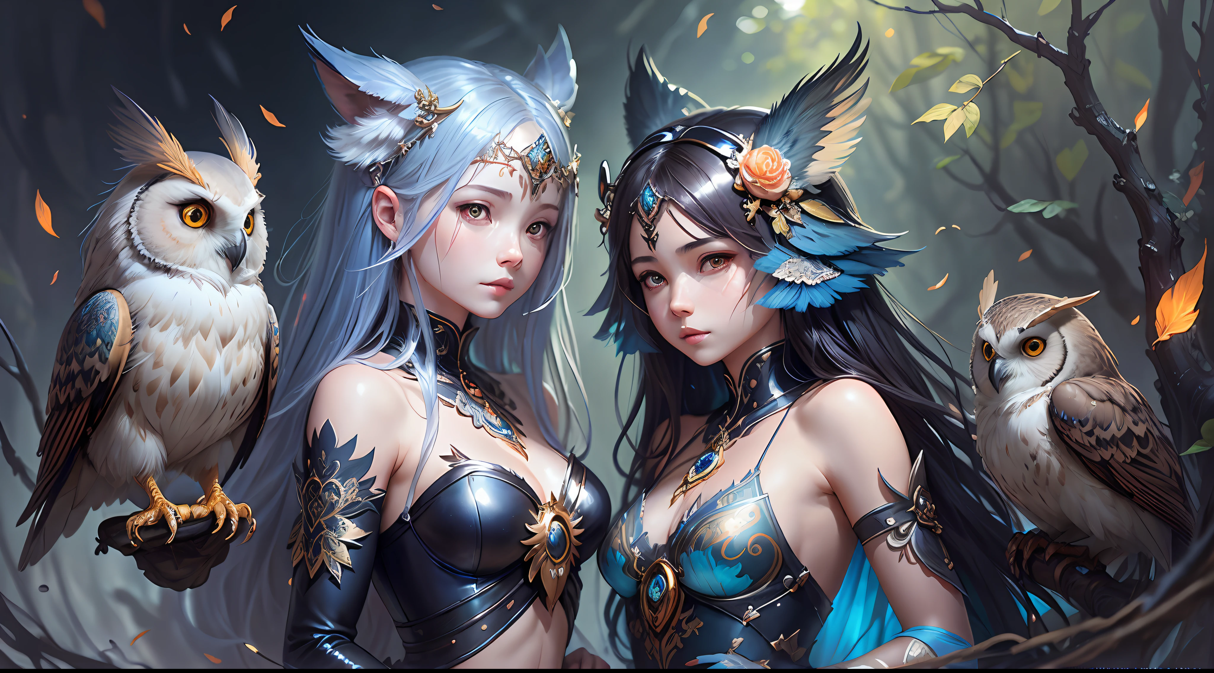Cute and adorable fantasy owl, Bird-of-Paradise, sparrow, full body, shiny metallic jeweled depth, glowing smoke neon eyes, hoarfrost metal lace, fantasy, sunlight, sunbeam, intricate detail. 8k, dreamlike, surrealism, super cute, symmetrical, soft lighting, trending on artstation, intricate details, highly detailed, unreal engine, by ross tran, wlop, artgerm and james jean, Brian Froud, art illustration by Miho Hirano, Neimy Kanani, oil on canvas by Aykut Aydoğdu, oil painting, heavy strokes, paint dripping