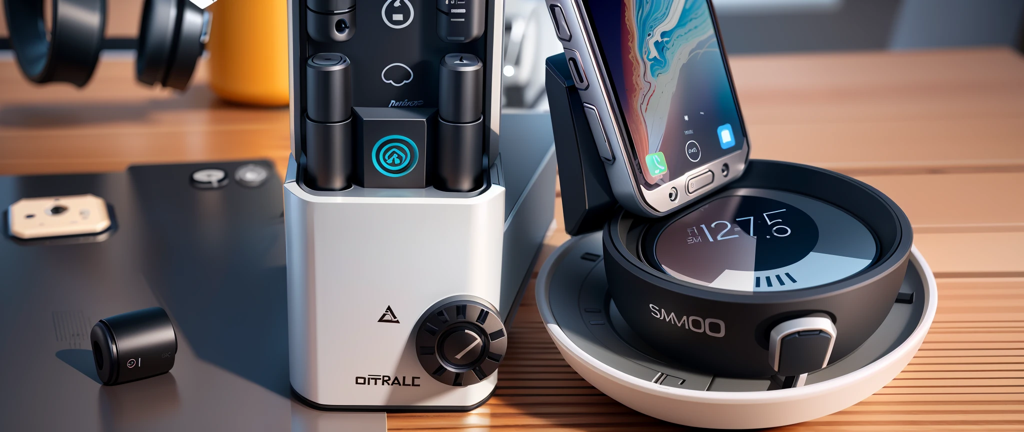 there is a cell phone and a cup of coffee on a table, bottom angle, product photography 4 k, 3 d product render, close up angle, closeup photograph, detailed close up shot, wireless headphone stand, dark-toned product photos, product render, designed in blender, devices and instruments, s baraldi, angled view, detailed wide shot, dramatic product photography