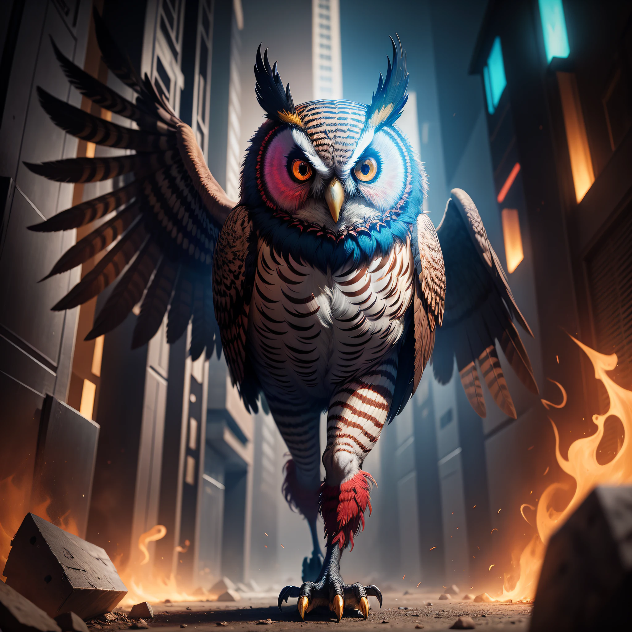 multicolored owl, full body, with angry look, Surrealism, cinematic lighting, HD.