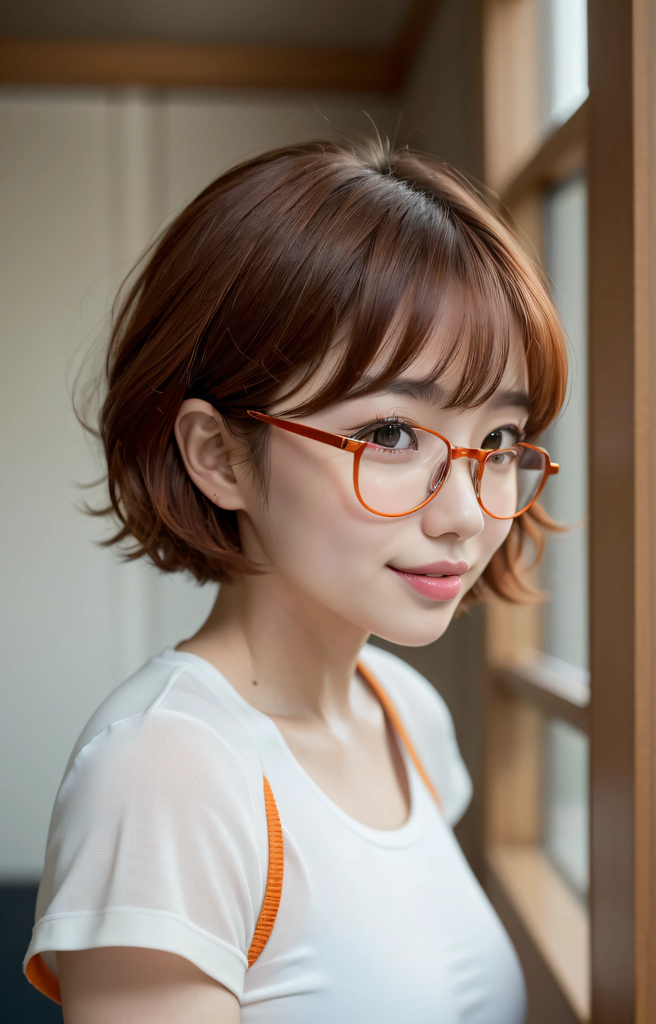 (Best quality, 8k, 32k, Masterpiece, UHD:1.2),Photo of Pretty Japanese woman, small breasts, red round glasses,very short hair, frizzy brown hair,smile,UHD image,upper body,(orange suit:1.1),white T-shirt,looking at around