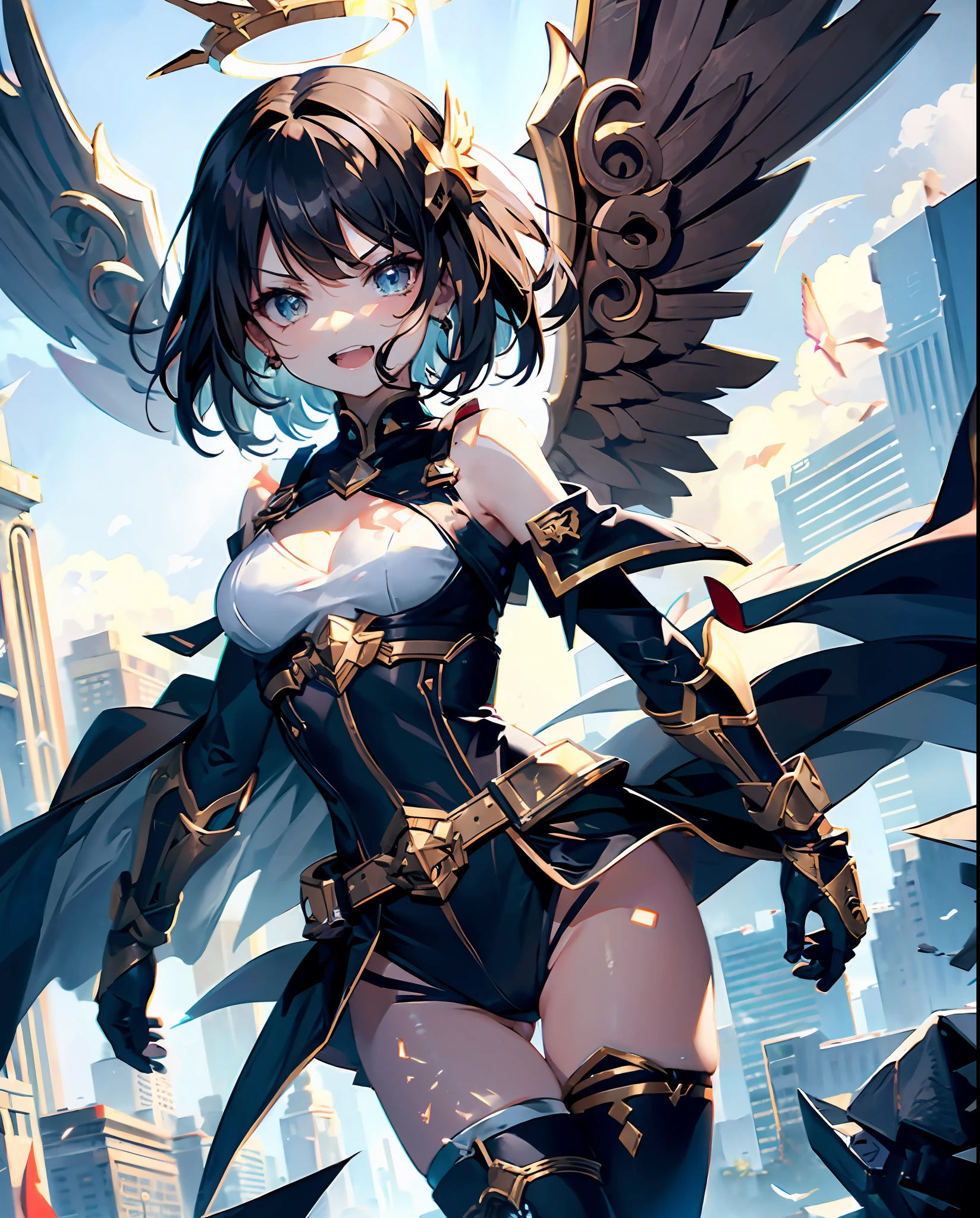 fantasy, 1angel_girl,child, loli,brown_hair, medium_bob_hair, long_bangs, halo,bare_shoulder,thighhighs,silver_armor, waist_armor, large_breasts,angry,grinning,open_mouth_teeth, 1pair_wings, dynamic_pose_fighting,floating, bare_crotch, headgear,gauntlet, greaves,city_sky_background,slightly_spread_legs, solo