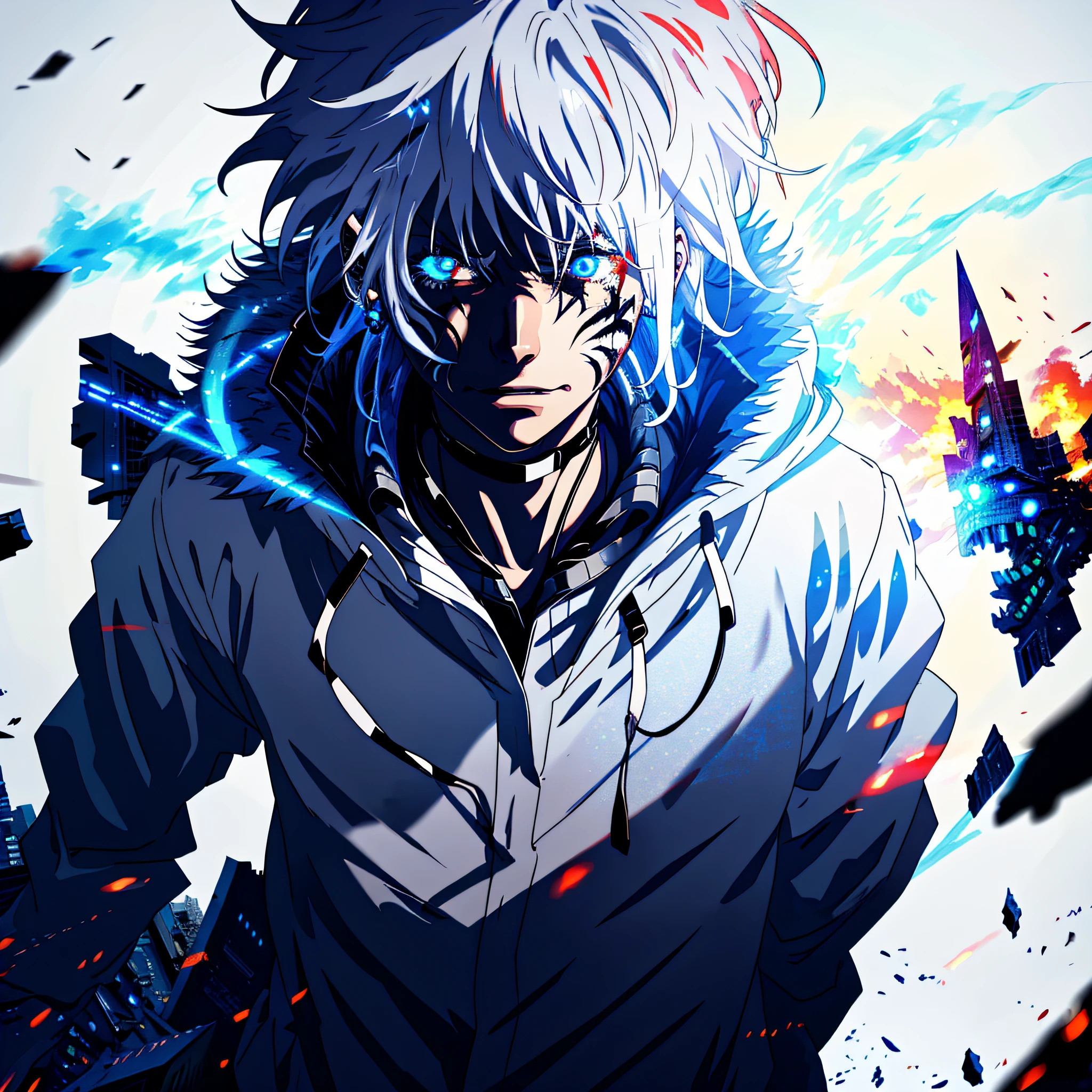 Anime humanoid monster, character design,wearing a futuristic mouth mask, serious face,boy,maniac,deranged look,messy unkept hair,hair covering right eye, vibrant eye color,red and blue eyes,(white hair), close up shot, creating a crack in reality, powerful aura, destroyed city, very dark,night,8k,64k, HD, unparalleled masterpiece, dynamic lighting, cinematic, epic Highest quality digital art, Stunning art, wallpaper 4k