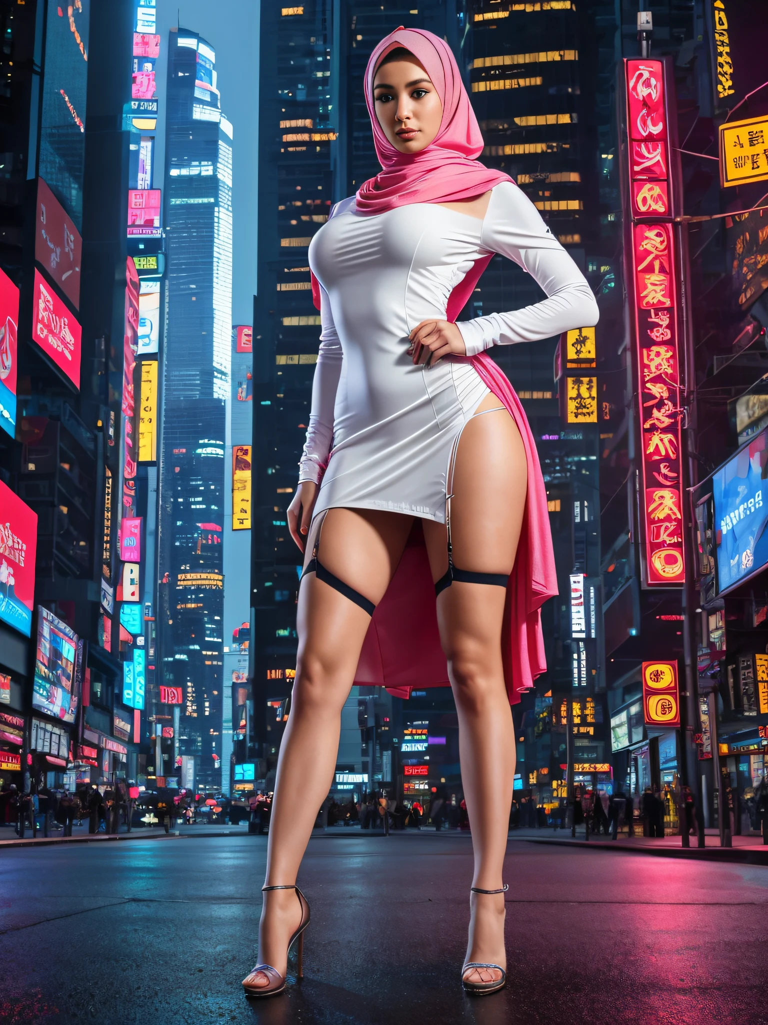 (Full length body) photo stunning (hijab)1.2 woman solo, semi-open strawberry lips, dimples, wistful look, (extra long wavy [brown|blonde:0.5] hair), ((detailed face)), ((detailed facial features)), (finely detailed skin), perfect thighs and legs, pale skin, (deep neckline detailed high-tech cyberpunk tight  dress), (high stockings), stiletto pumps, standing legs parted, front view, cyberpunk megacity environment, (cool colors), lace silk cotton fabric, reflections, (masterpiece) (perfect proportion)(realistic photo)(best quality)  (detailed) shot on a Canon EOS R5, F/2.8, HDR, (8k) (wallpaper) (cinematic lighting) (dramatic lighting) (sharp focus) (intricate), RAW photo, stockings straps, stiletto, arms back, 8k uhd dslr, Fujifilm XT3, extremely detailed, photorealistic, incredibly absurd, highly detailed,  Sharp Focus, (Professional Studio Lighting), (Professional Color Grading), Edge Lighting, Dramatic Lighting, Cinematic Lighting, Lumen Reflections, Soft Natural Lighting, Soft Color, Photon Mapping, Radiosity, (Beautiful Eyes), (Detailed Eyes), (Detailed Face), Symmetrical Eyes, Sharp Eyes, Cold Face, Full Body, Model Photo, Cinematic Photo, slim Bodybuilder