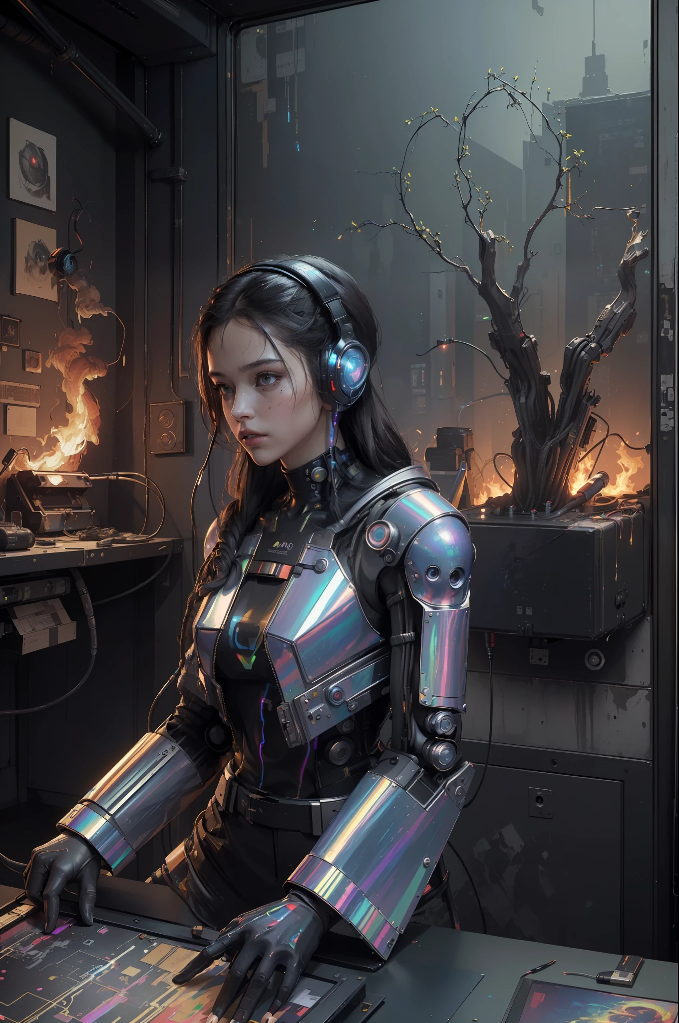 (masterpiece, best quality, highres, absurdres, detailed:1.2), humanoid, robot, wearing headphones, looking away, (cyberpunk, art canvas, paint brush, easel, iridescent, holographic: 1.6), (cables, wires, flames, fire, smoke, overheat, explosion, indoors, room, simple background)