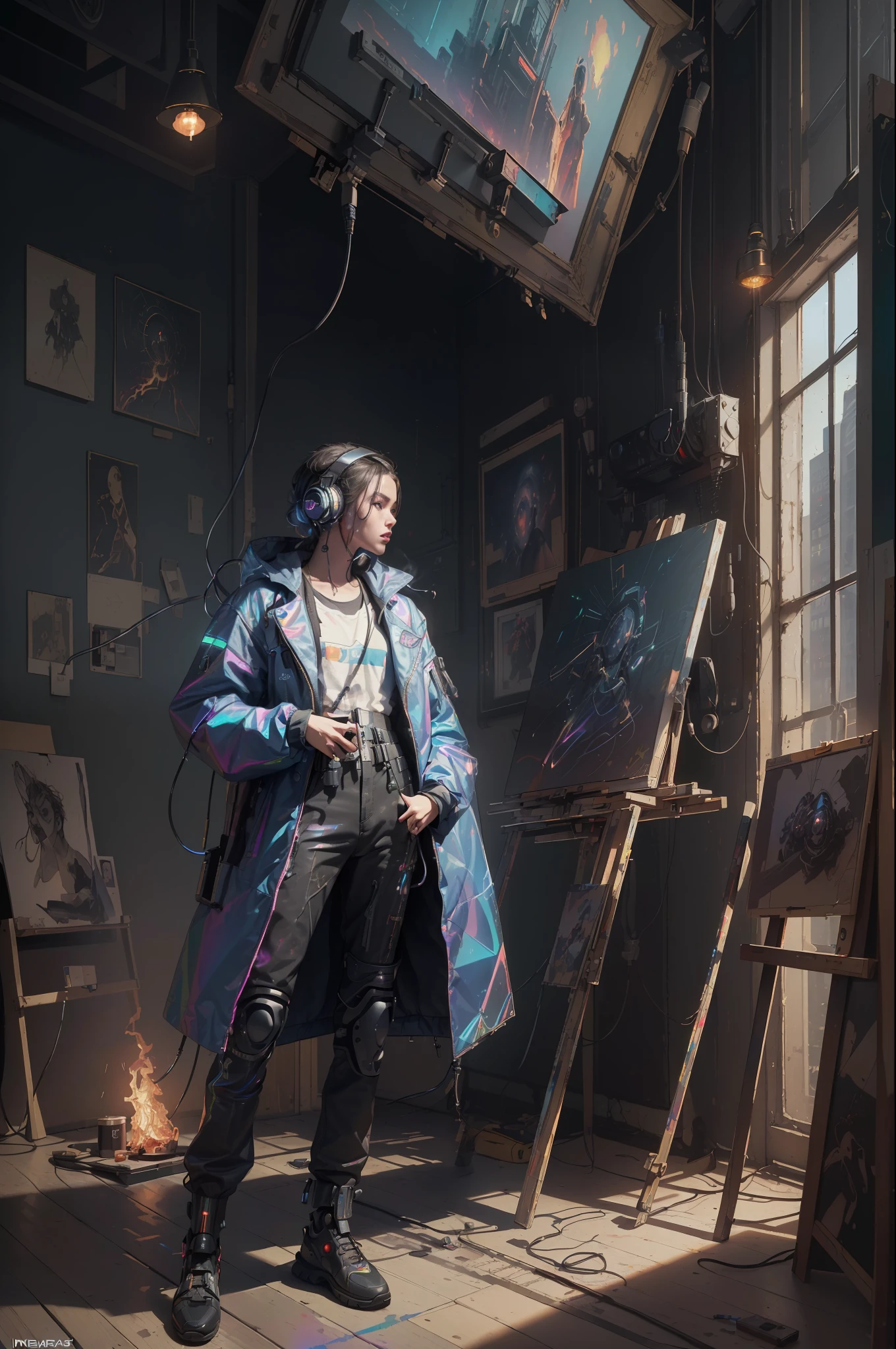 (masterpiece, best quality, highres, absurdres, detailed:1.2), humanoid, robot, wearing headphones, looking away, (cyberpunk, art canvas, paint brush, easel, iridescent, holographic: 1.6), (cables, wires, flames, fire, smoke, overheat, explosion, indoors, room, simple background)