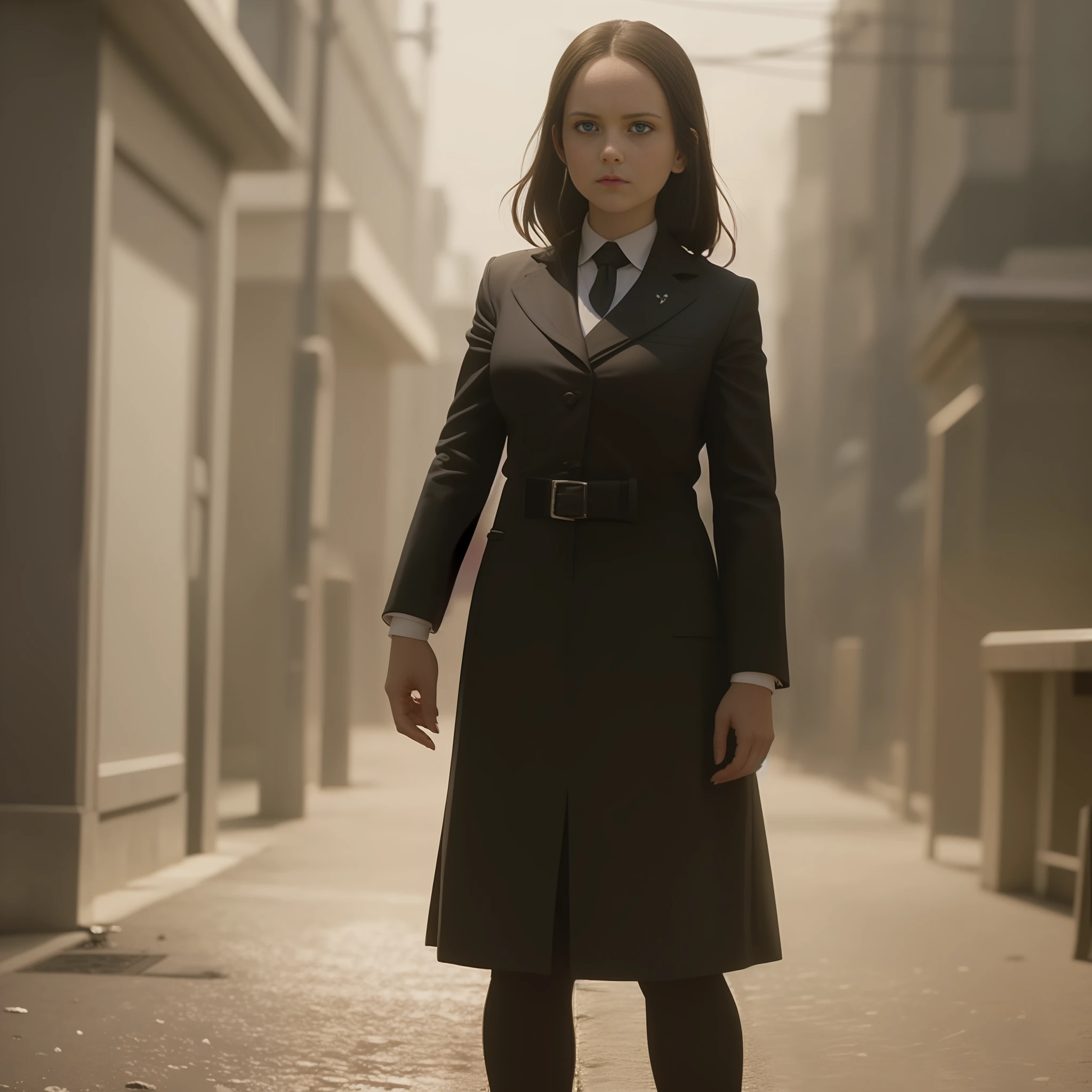 there is a woman in a coat and tie standing on a street, girl in suit, girl in a suit, as wednesday addams, wednesday addams, still from alita, still from a live action movie, 8 k movie still, wanda maximoff, promotional still, still from the movie, anya from spy x family, gothic city streets behind her