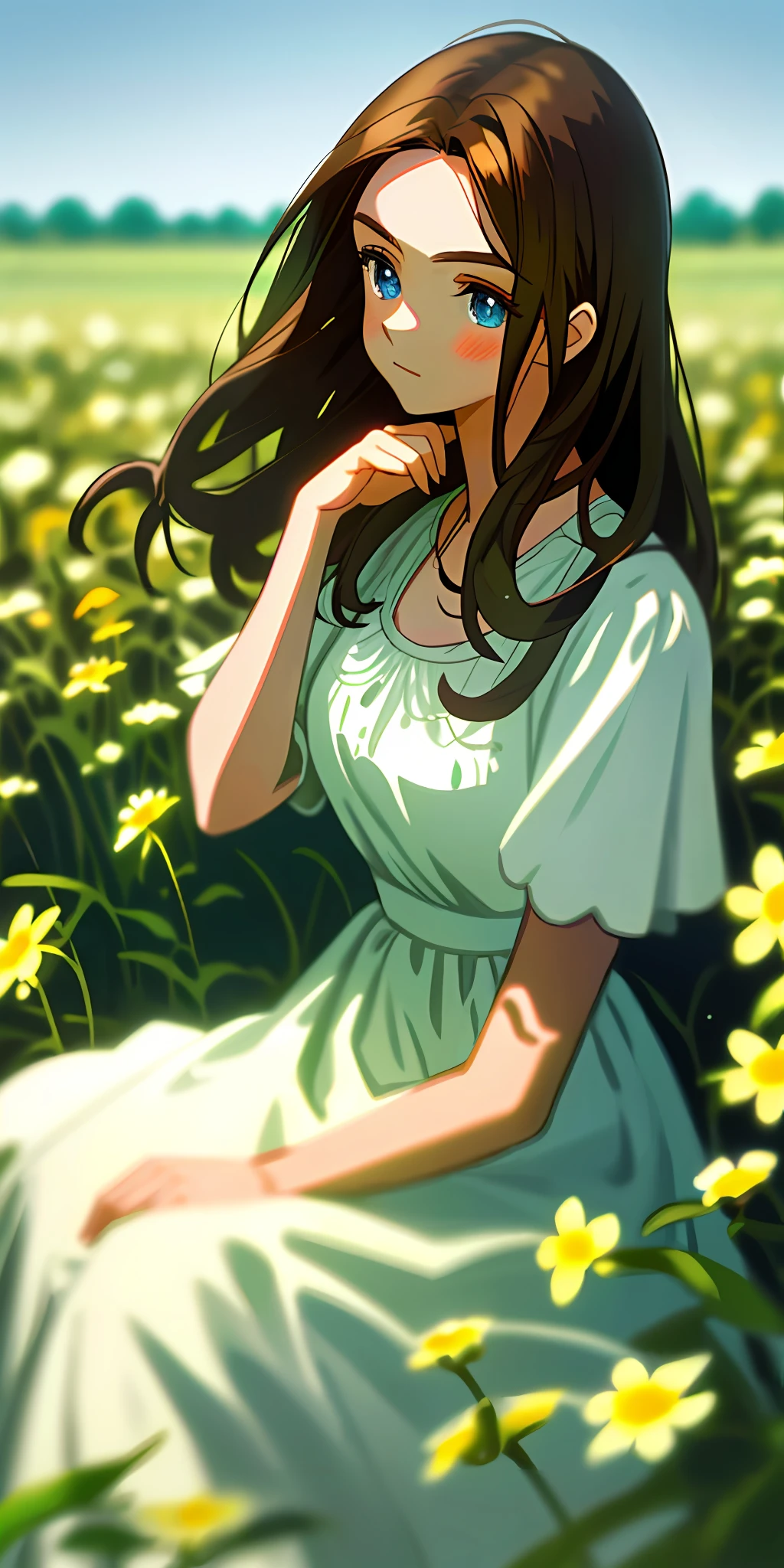 (masterpiece, best quality),1girl with brunette hair sitting in a field of green plants and flowers, her hand under her chin, blue eyes, up sweep, warm lighting, white dress, blurry foreground