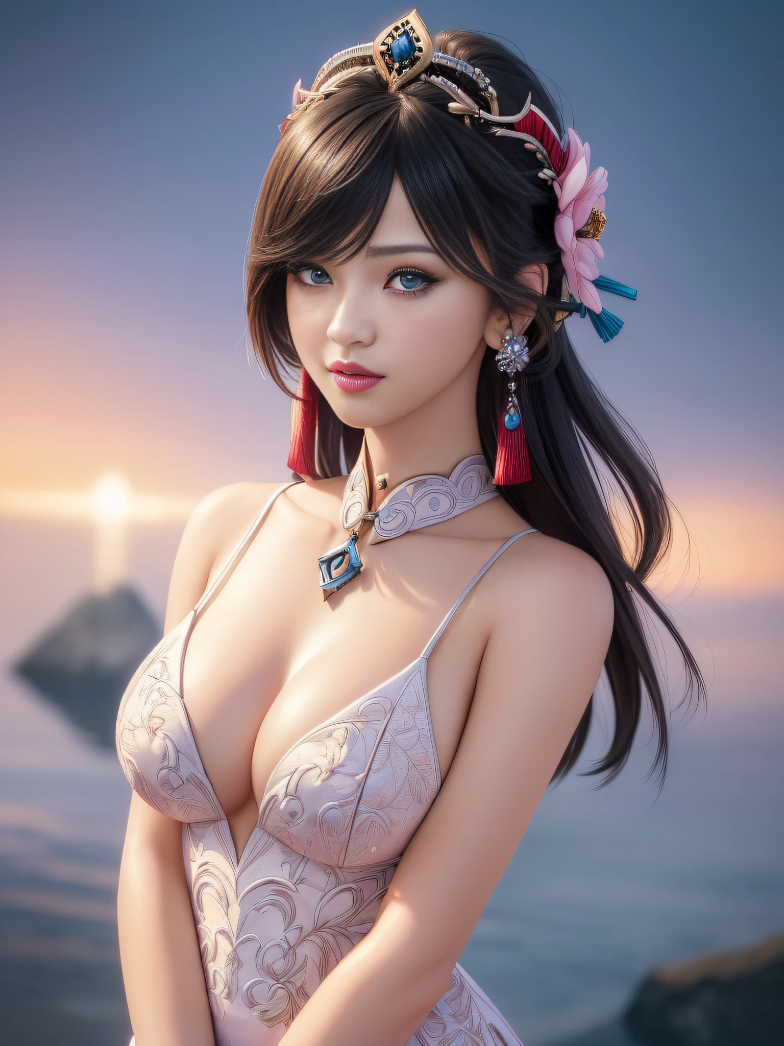 (Ganyu from Genshin Impact:1.5), closed mouth, sash, serious, solo, ((Best Quality, 8K, Masterpiece:1.3)), (Sharp:1.2), (Perfect Body Beauty:1.4), (Slim Abs:1.2), ((Layered Hairstyle, Realistic big Breasts:1.2)), Highly detailed realistic face and skin texture, detailed realistic eyes, double eyelids, side face looking at the camera, (RAW, analogue, Nikon Z 14mm ultra-wide angle lens, award-winning glamour photograph, ((best quality)), ((masterpiece)), ((realistic)), subsurface scattering, radiant light rays, high-res, detailed facial features, high detail, sharp focus, smooth, aesthetic, extremely detailed, (extremely detailed eyes, extremely detailed iris), extremely detailed hair, extremely detailed skin, extremely detailed clothes, octane render, photorealistic, realistic, post-processing, max detail, realistic shadows, roughness, natural skin texture, real life, ultra-realistic, photorealism, photography, 8k UHD, photography, hdr, intricate, elegant, highly detailed, sharp focus, stunning, beautiful, gorgeous), (photorealistic), (realistic), portrait of woman standing, professor, solo, seductive smile, best quality, highly detailed, masterpiece, ultra-detailed, illustration, small pink lips, upper body, stencil, [(colorful explosion psychedelic paint colors:1.21)::0.2], colorful, blue eyes, blowout hair, detailed eyes, intricate face, black background, simple background, dearness, high contrast, (secret:0.9), (high detailed realistic lips, beautiful realistic lips, pink lipsticks), (upper body from head to thighs, slender body:1.5), thick thighs, highly detailed realistic skin, sharp focus, outdoor,
