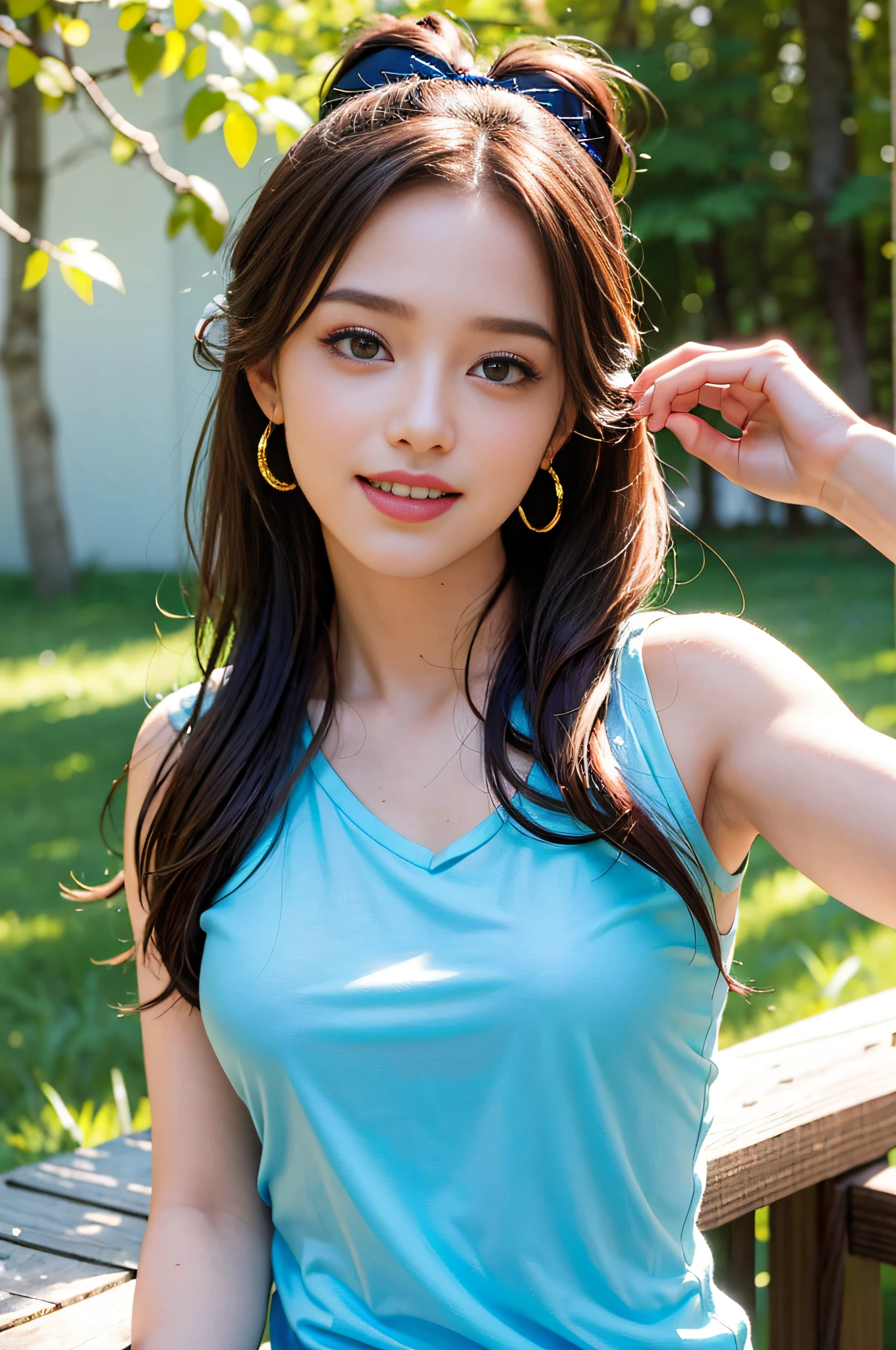 (8k, RAW photos,best quality, high resolution:1.1), (hyperrealistic:1.4),(realistic, photorealistic:1.3), soft light,big breasts,girl,realistic face,realistic body,realistic skin,absurdity,masterpiece,(cute:1.8), cuties, solo, (big breasts:1.2), detailed black eyes,innocent eyes,blusher,(t-shirt:1.2), cinema light,film grain,jewelry,earrings,((Medium hair:1.1)),((Floating Hair Novafrog Style)),cherry colored lips,hair ribbon,hair bow,ponytail,closeup,look viewer,long hair,upper body,open lips,upper teeth, (smiling eyes:0.6),((grinning:1.2)),depth of field, blurred background, eye focus, Bokeh,Young, 85mm Lens, f/1.4,Professional Lighting, Young,Portrait,Photon Mapping,Radiosity,Physically Based Rendering,No Bra