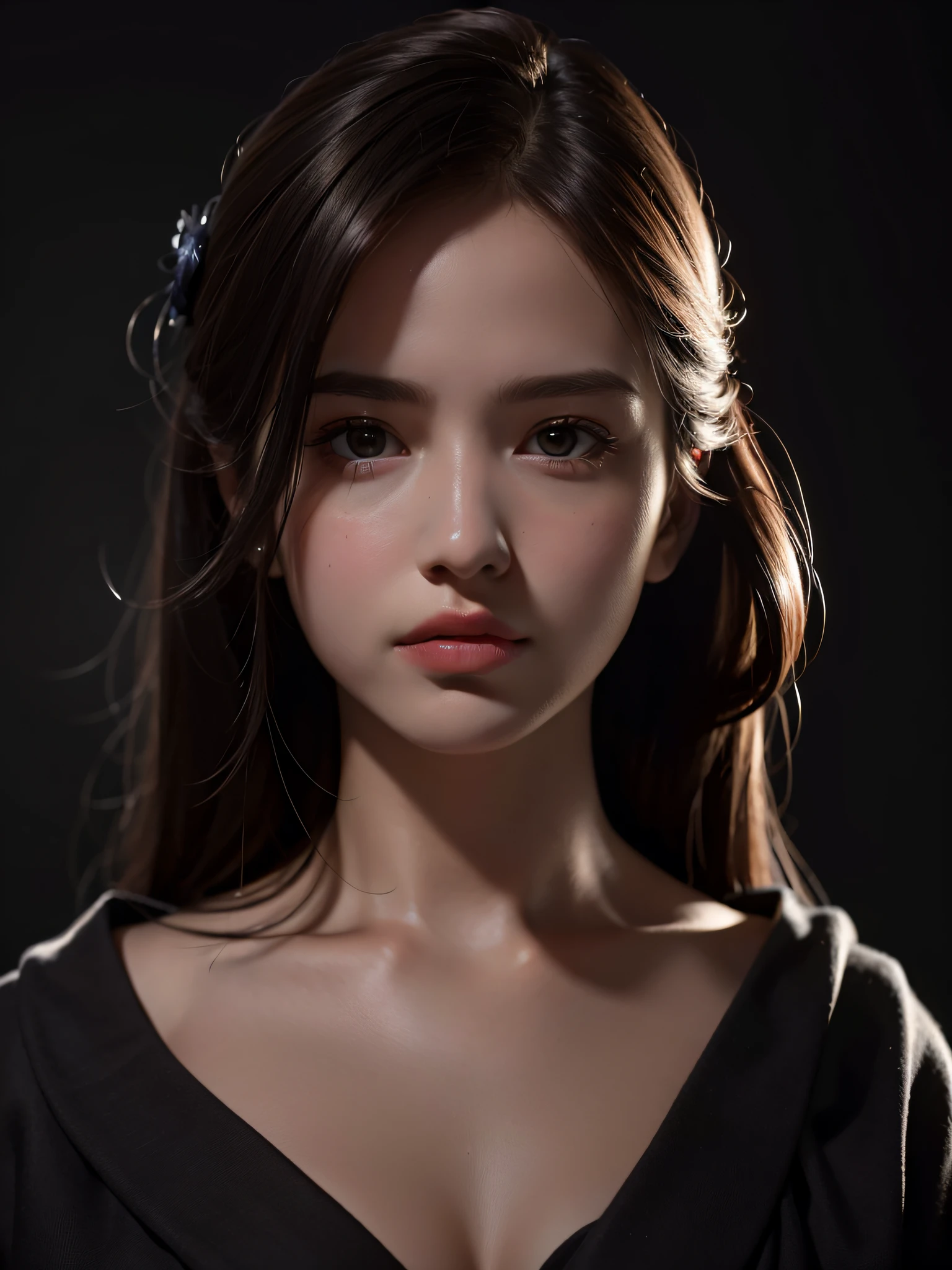 Best quality, masterpiece, ultra high res, (photorealistic:1.4), raw photo, 1girl, offshoulder, in the dark, deep shadow, low key, cold light