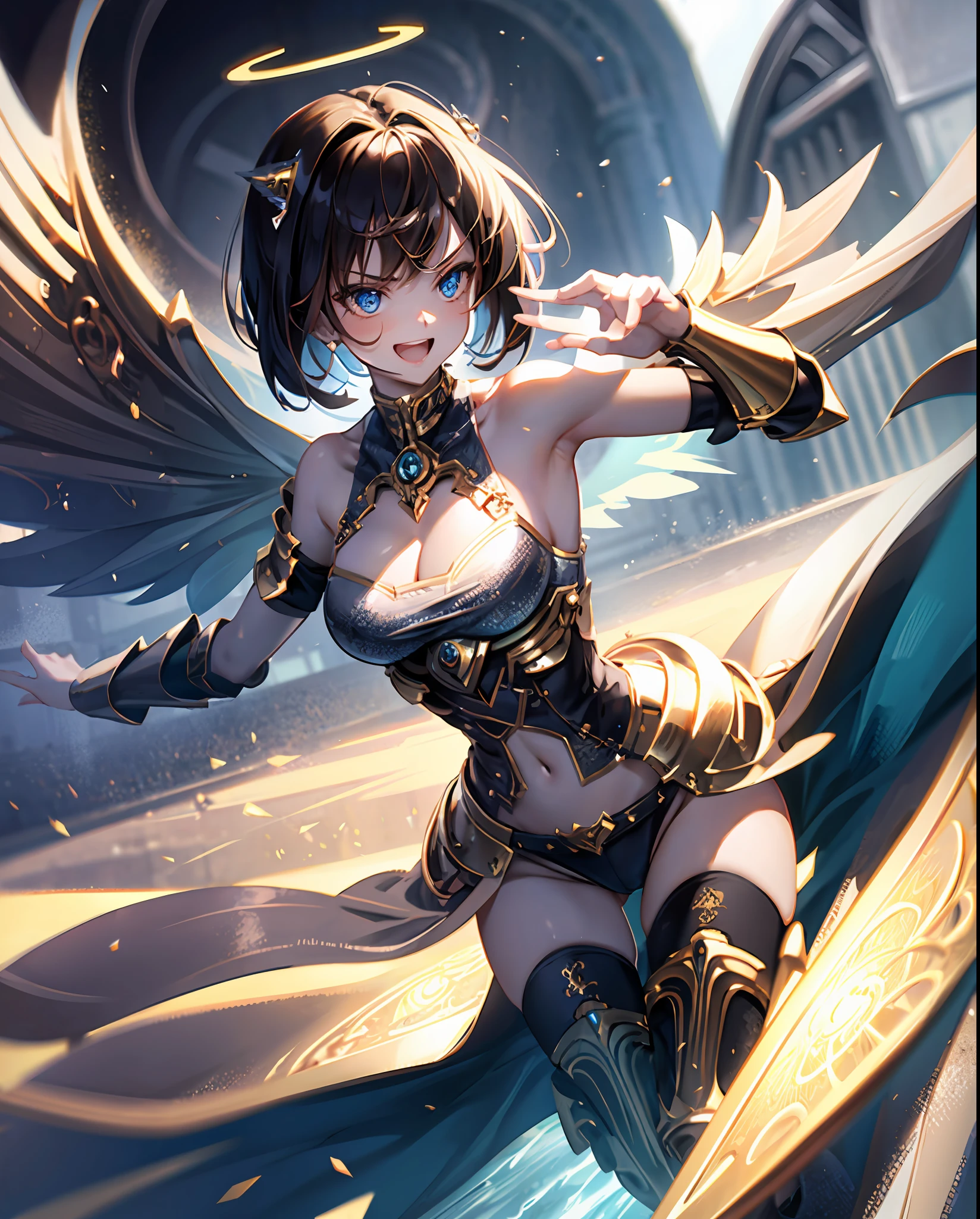 fantasy, 1angel_girl,child, loli,brown_hair, medium_bob_hair, long_bangs, halo,bare_shoulder,thighhighs,silver_armor, waist_armor, large_breasts,angry,grinning,open_mouth_teeth, 1pair_wings, dynamic_pose_fighting,floating, bare_crotch, headgear,gauntlet, greaves,city_sky_background,slightly_spread_legs, solo