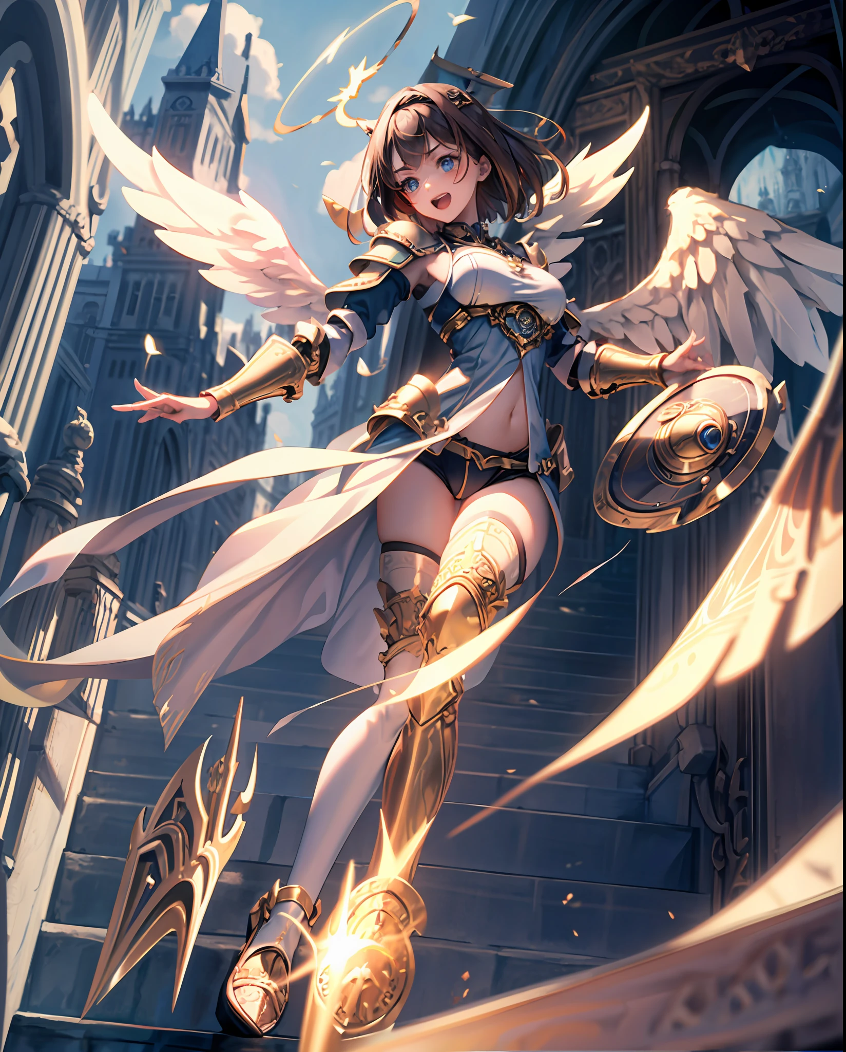 fantasy, 1angel_girl,child, loli,brown_hair, medium_bob_hair, long_bangs, halo,bare_shoulder,thighhighs,silver_armor, waist_armor, large_breasts,angry,grinning,open_mouth_teeth, 1pair_wings, dynamic_pose_fighting,floating, bare_crotch, headgear,gauntlet, greaves,city_sky_background,slightly_spread_legs, solo