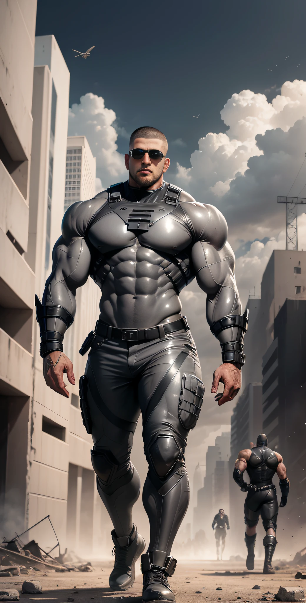 Arad man in gray, black and white clothes standing in desolate ruins, muscle male hero, Buzz cut, heroic male pose, tall and burly, muscular! Wearing black sunglasses, tall burly and strong, stealth suit, super buff and cool, high resolution committee, character design police, black military boots, attractive strong male