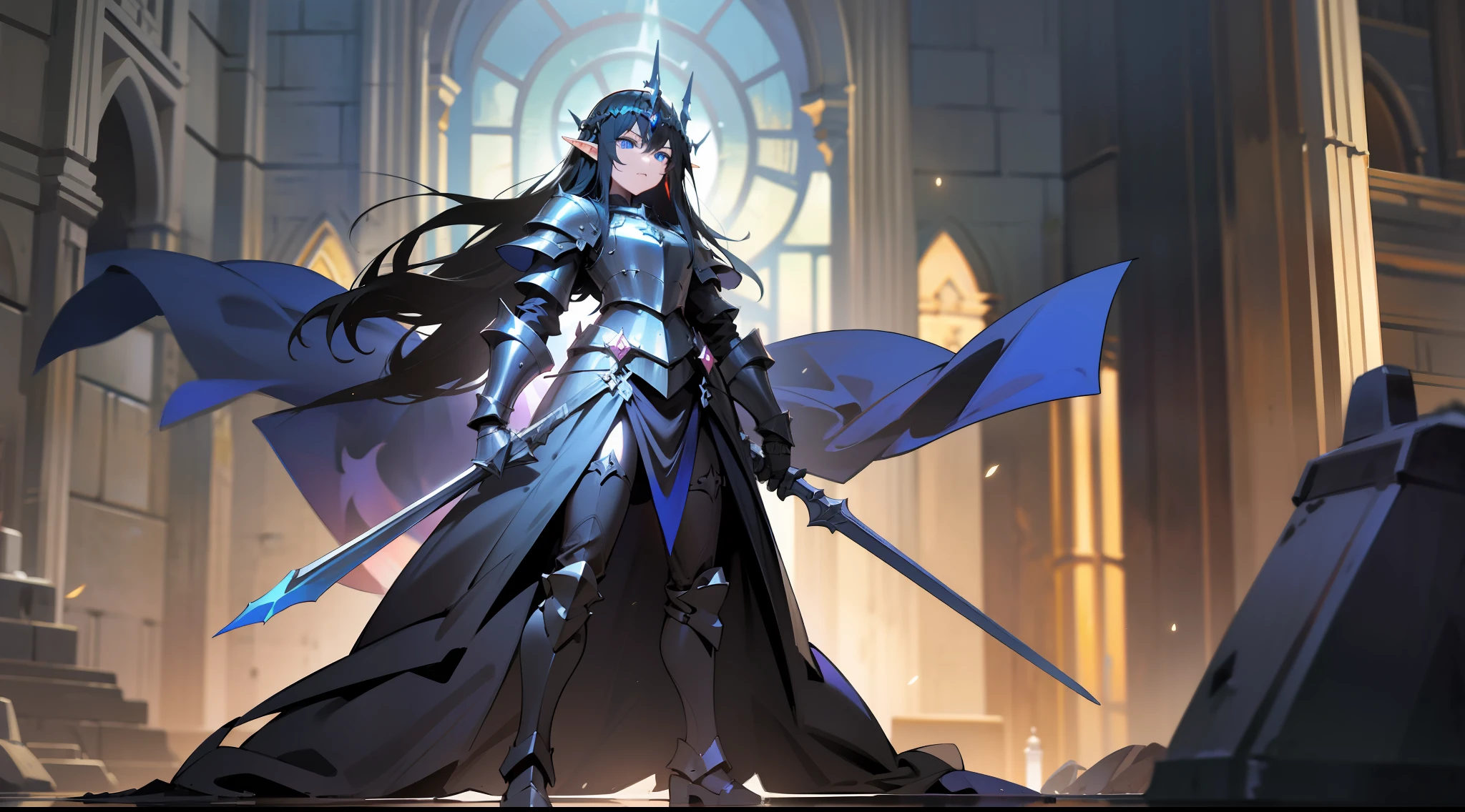 elf, long black hair, blue eyes, paladin, dark black heavy armor, tower shield, heroic pose, full body, serious expression, fantasy, medieval, night, dark dungeon, lens reflection