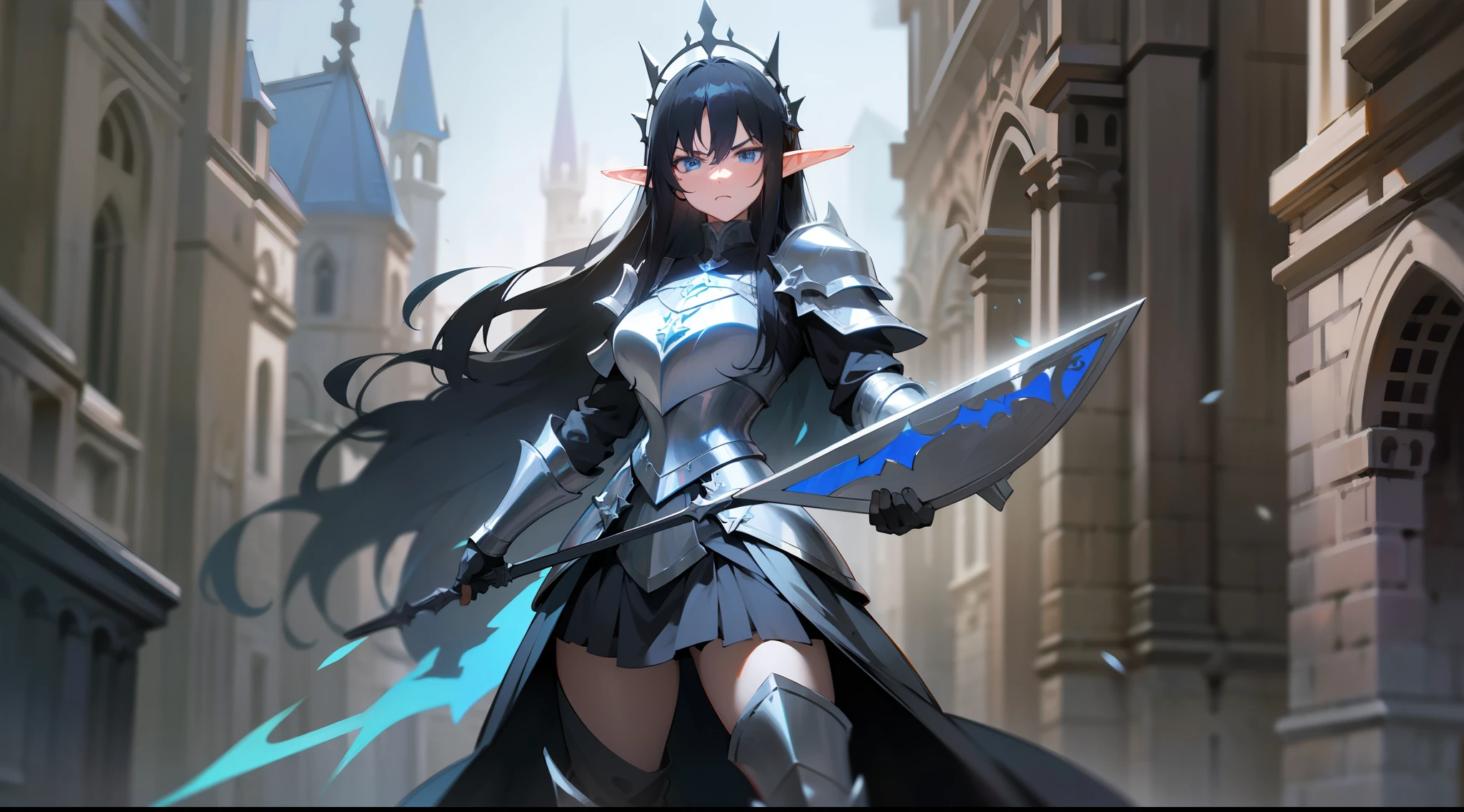elf, long black hair, blue eyes, paladin, dark black heavy armor, tower shield, heroic pose, full body, serious expression, fantasy, medieval, night, dark dungeon, lens reflection