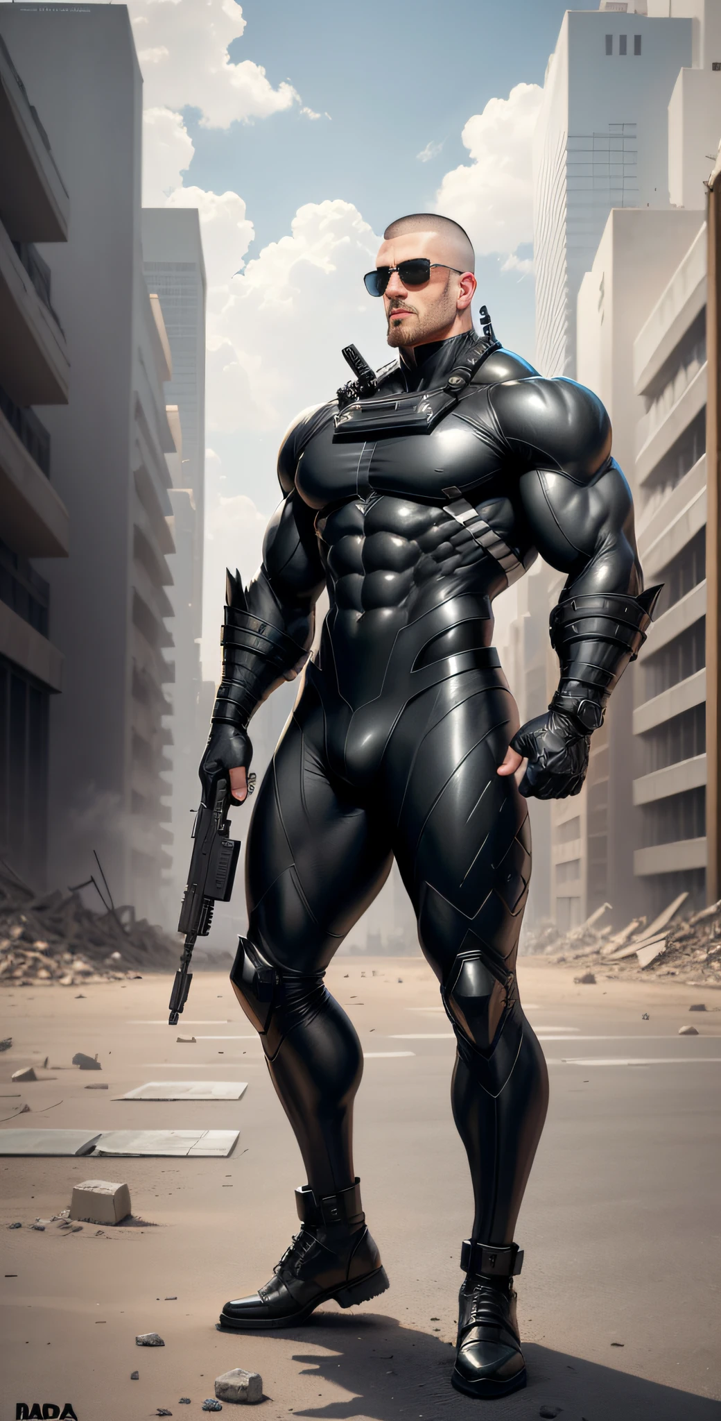Arad man in gray, black and white clothes standing in desolate ruins, muscle male hero, Buzz cut, heroic male pose, tall and burly, muscular! Wearing black sunglasses, tall burly and strong, stealth suit, super buff and cool, high resolution committee, character design police, black military boots, attractive strong male