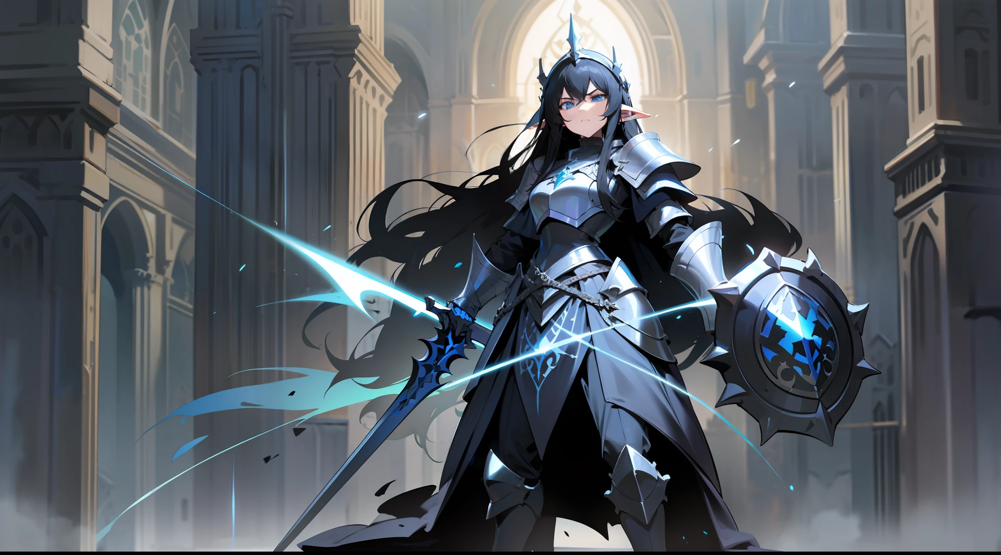 elf, long black hair, blue eyes, paladin, dark black heavy armor, tower shield, heroic pose, full body, serious expression, fantasy, medieval, night, dark dungeon, lens reflection