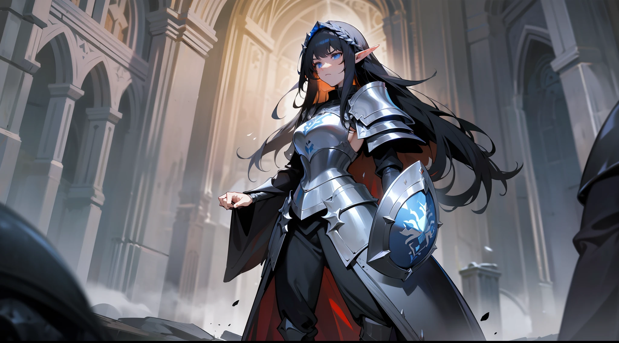 elf, long black hair, blue eyes, paladin, dark black heavy armor, tower shield, heroic pose, full body, serious expression, fantasy, medieval, night, dark dungeon, lens reflection