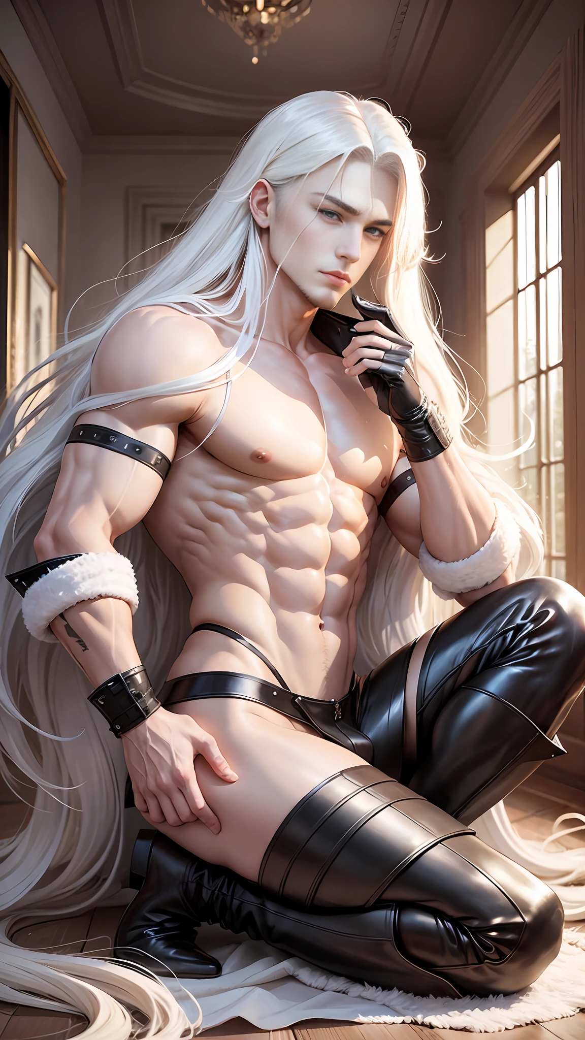 a gay man in [overknee boots]::4,shirtless,white long hair,full body,in the style of romantic manga --auto --s2