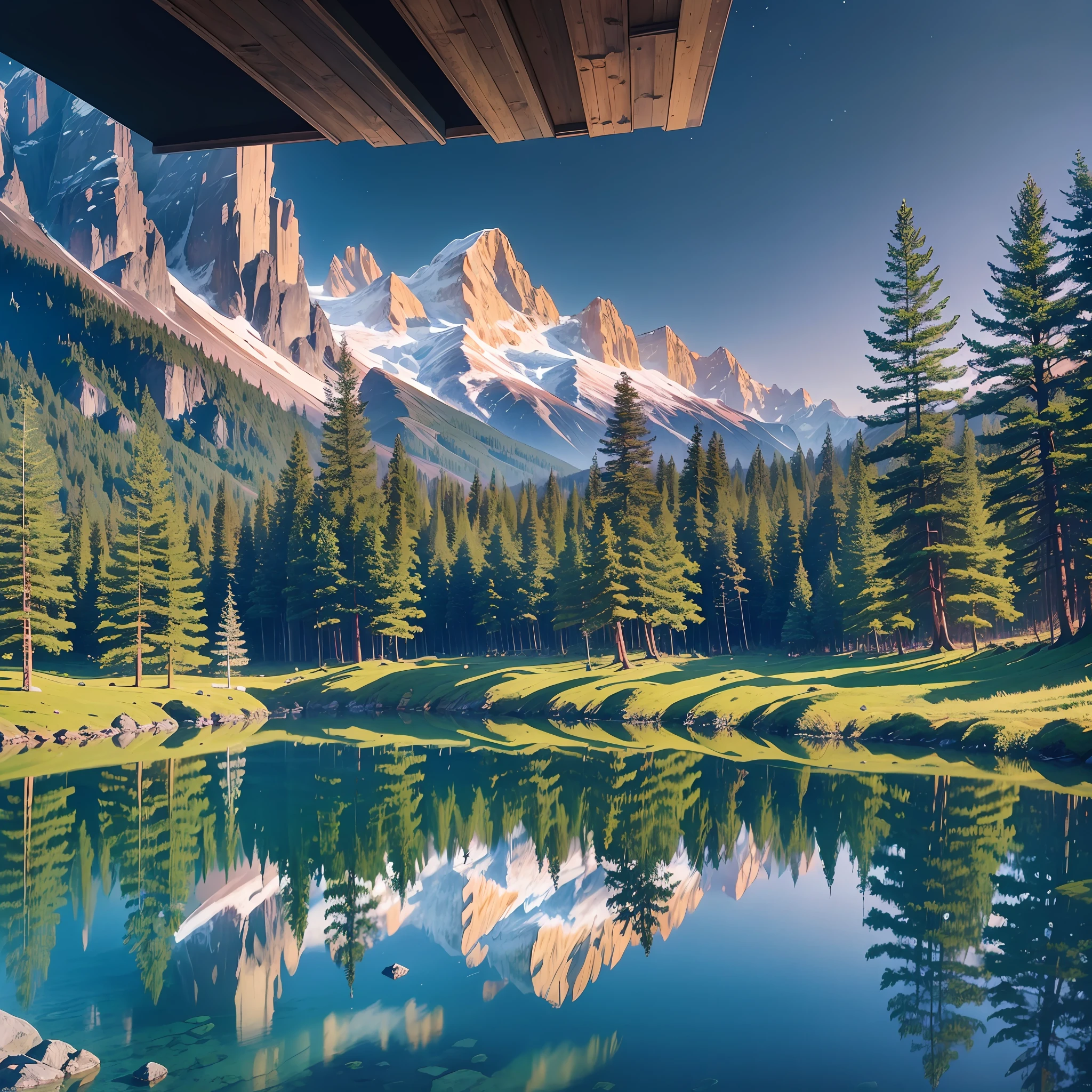 Imagine yourself in a rustic wooden house on top of the mountains, surrounded by a dense forest. The house has large windows that allow you to see the spectacular scenery of the mountains and the crystal clear lake below. The interior is cozy, with solid wood furniture and a cozy fireplace that warms the house on cold days. You can sit on the balcony of the house, looking at the majestic view of the mountains and the bright lake below. The fresh mountain air is fresh and invigorating, creating a sense of calm and tranquility. At night, the stars shine brightly in the night sky and the sound of animals in the forest create a natural symphony. It's a perfect place to relax and reconnect with nature. --auto --s2