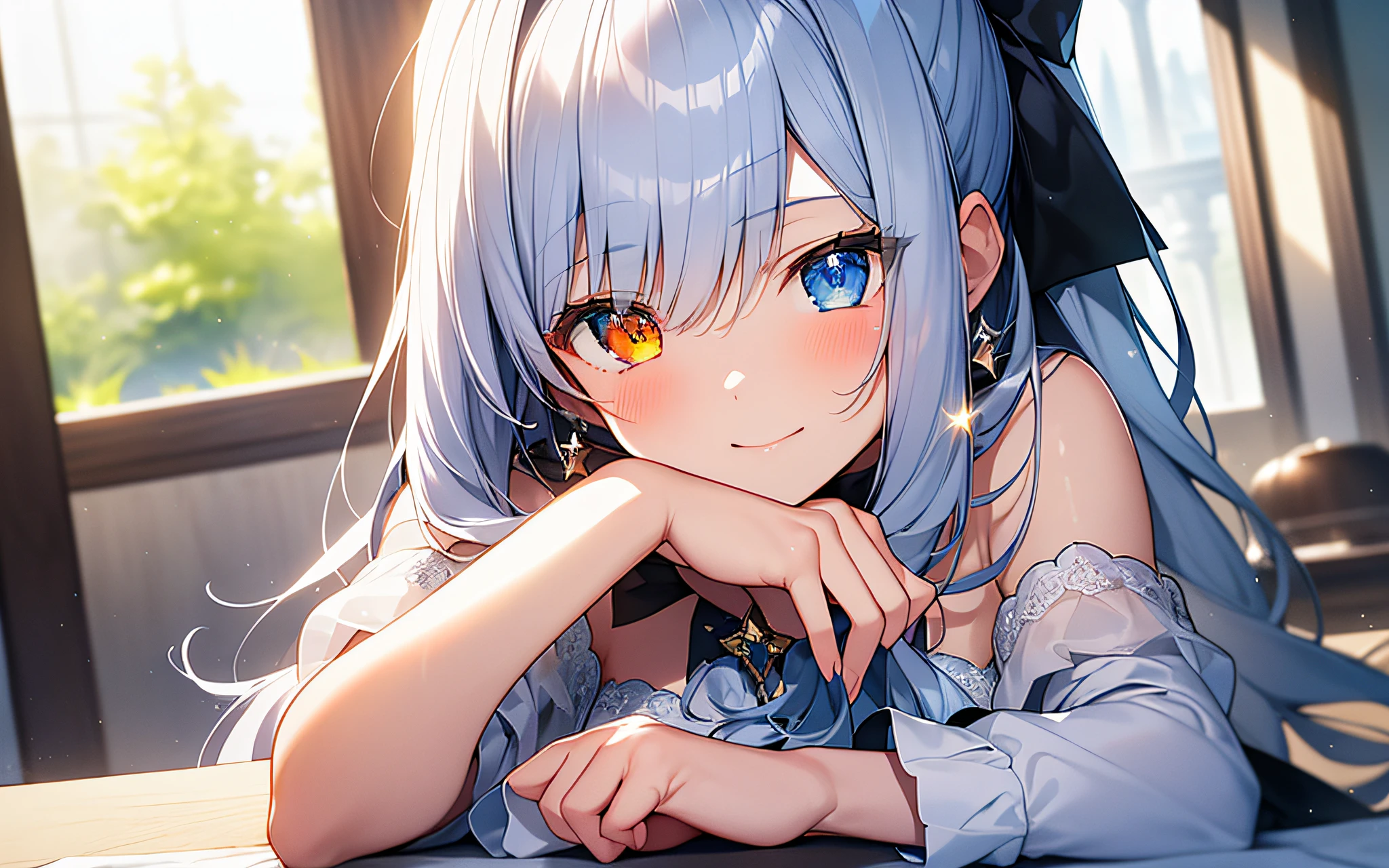 Masterpiece, top quality, ultra-detailed, delicate, orderly, high detail, bluish-silver ponytail, (drooping heterochromic iris: 1.3), little, 15 years old, shy smile, slender, (one girl), game CG, dynamic angle, Dutch angle, (shining eyes: 1.2), night sky, starry sky, milky way,