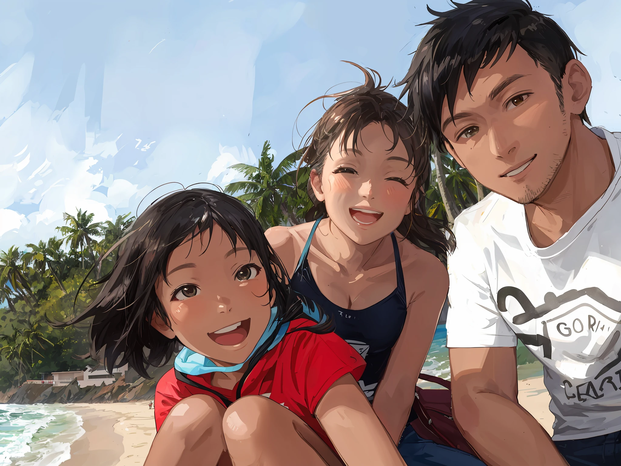 There are 3 people sitting on the beach with children taken in Go Pro Hero8 happy family at the beach 30 year old woman 8 girl at the beach on the beach 4 0 year old male profile picture on the beach 8k selfie photos