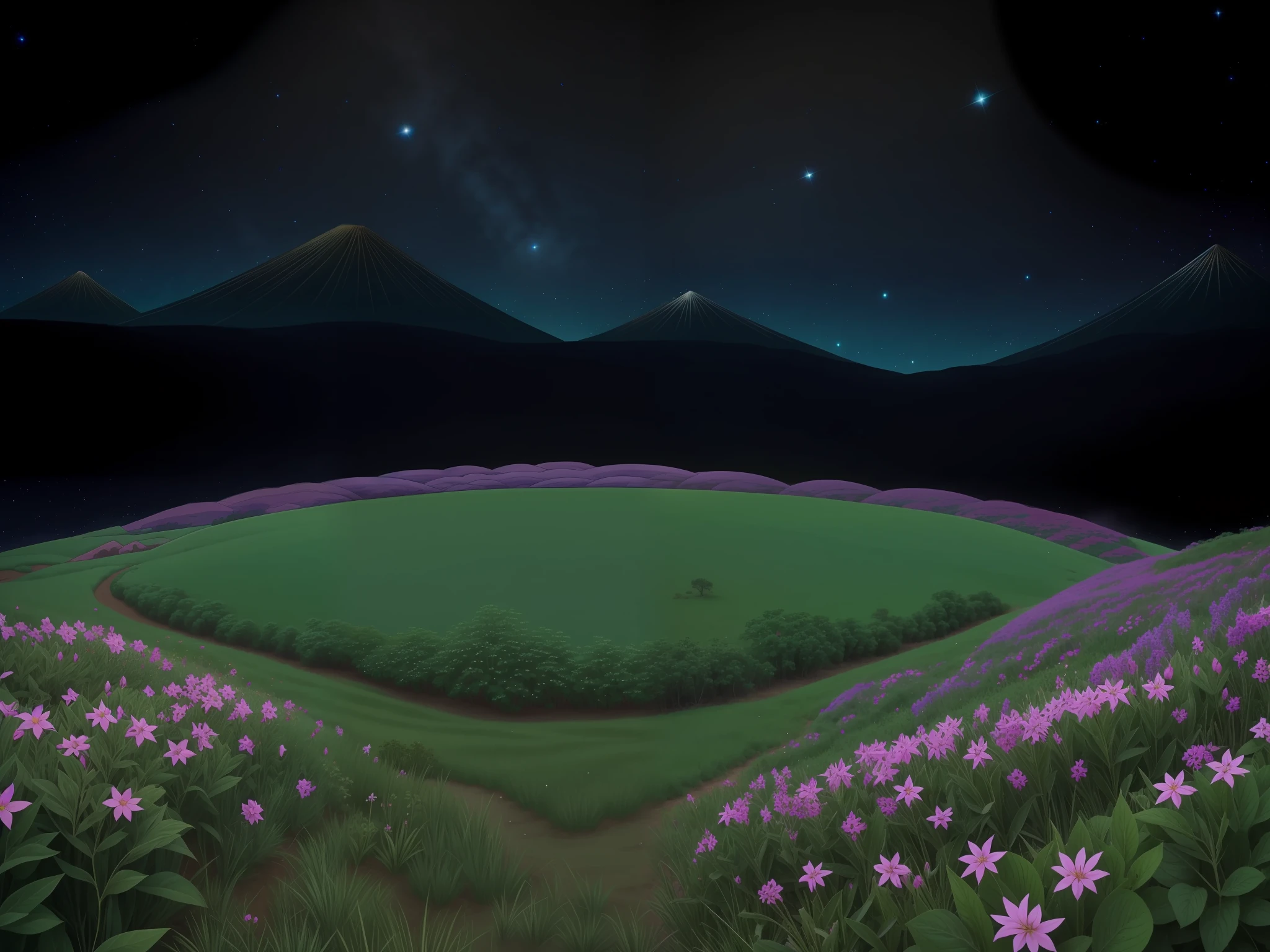 a large clearing. The earth here is like simple clay, and on it the bushes are black as velvet. These bushes have large green malachite bells and an antimony star in each. The fire bees sparkle over those flowers, and the stars ring thinly, sing evenly.