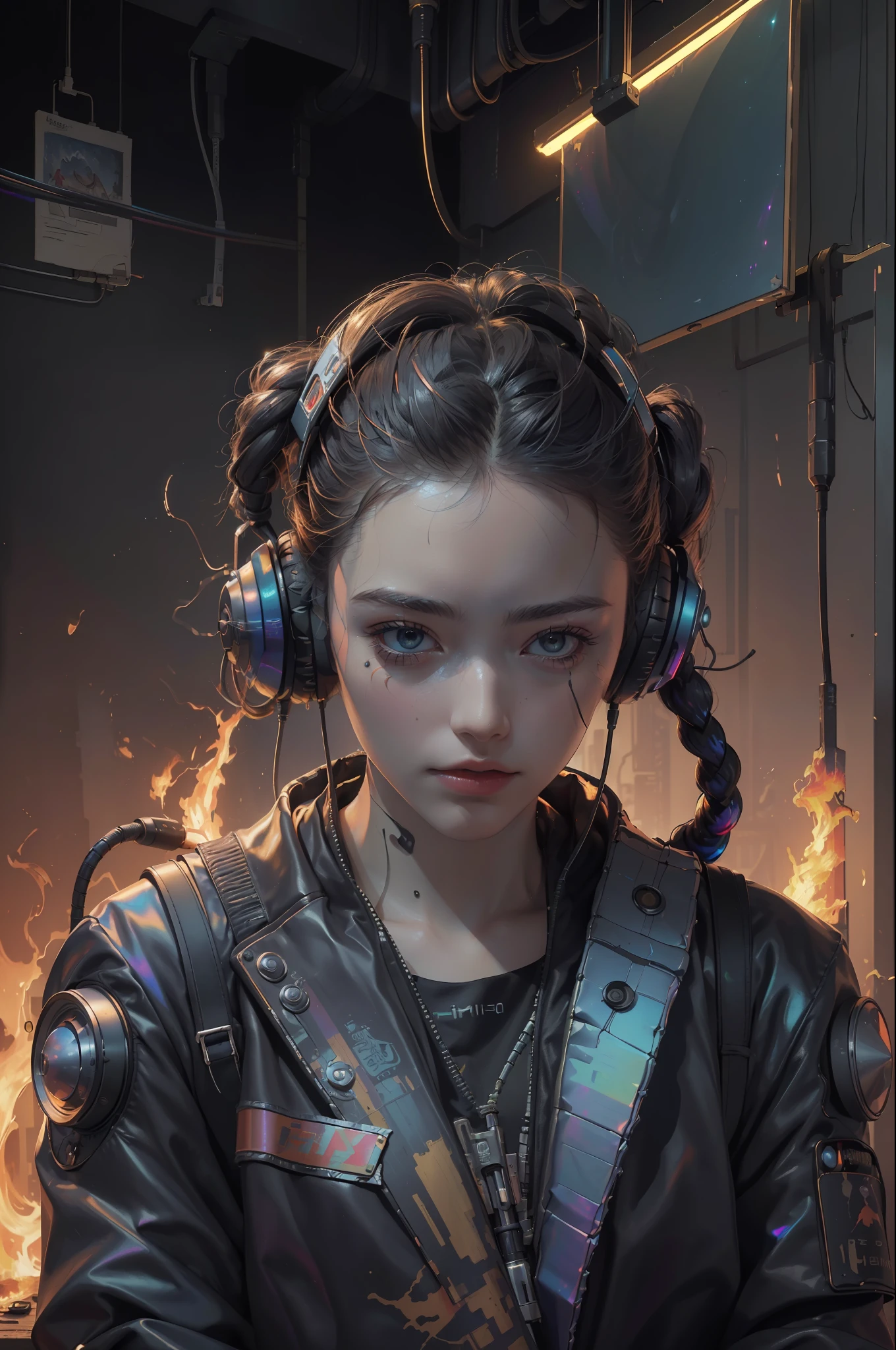 (masterpiece, best quality, highres, absurdres, detailed:1.2), humanoid, robot, wearing headphones, looking away, (cyberpunk, art canvas, paint brush, easel, iridescent, holographic: 1.6), (cables, wires, flames, fire, smoke, overheat, explosion, indoors, room, simple background)