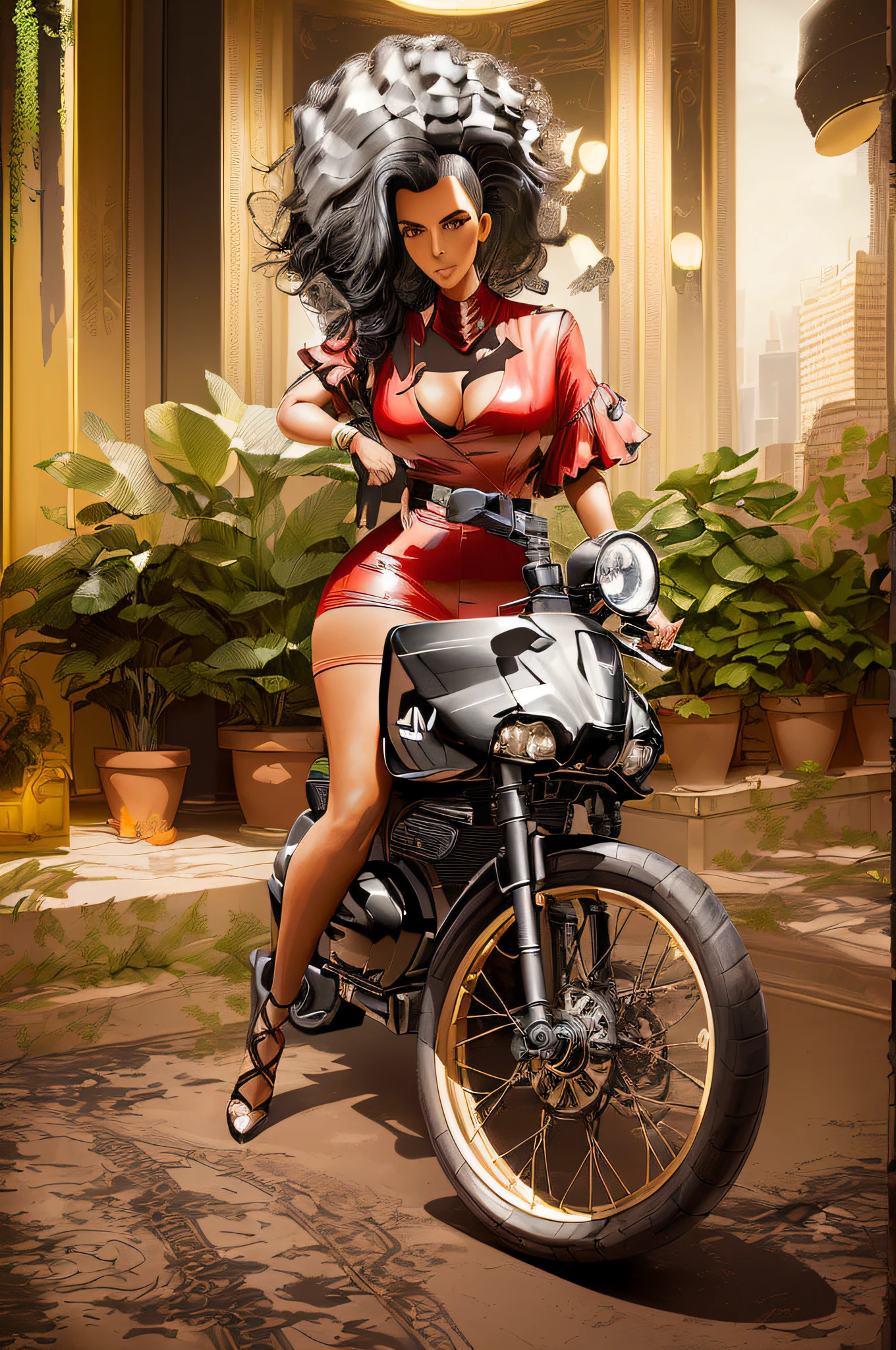 "((masterpiece)|(better quality:1.2)) +(black colors:black hair:woman:kim kardashian:1.3)+(plants:1.1)+(black clothes:1.1)+(light: 0.8)+ arm better integrated on the steering wheel of the motorcycle+motorcycle better draws+ perfect woman face+darker and blurrier background"