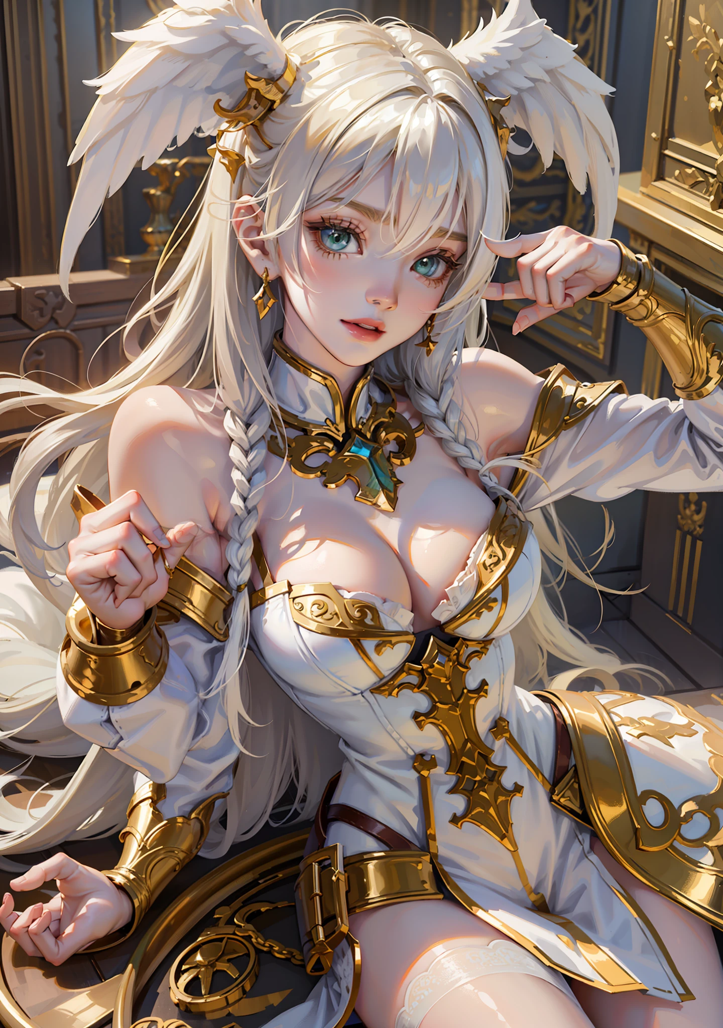 1girl, paladin, revealin white dress, white angelic wings, blond giant hair, green eyes, sexy pose, bedroom interior, golden details, 3d rendering, happy face, perfect face, thin body, thick thigh, big breasts, waist up painting