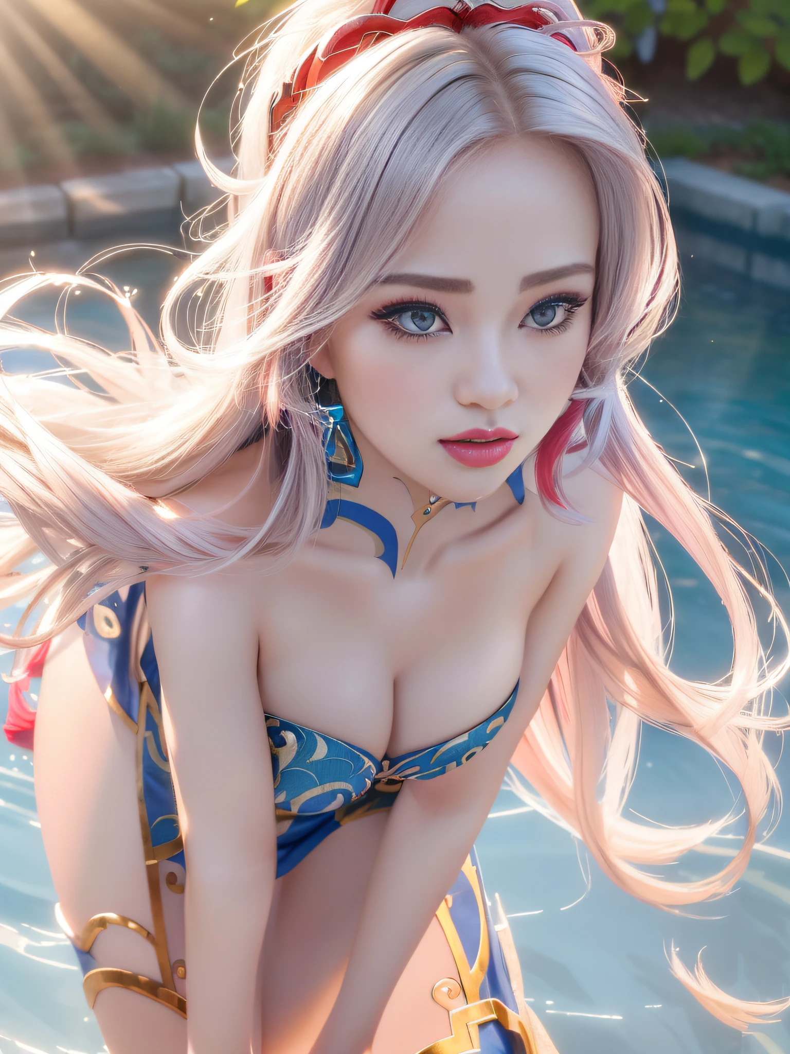 (Ganyu from Genshin Impact:1.5), closed mouth, sash, serious, solo, ((Best Quality, 8K, Masterpiece:1.3)), (Sharp:1.2), (Perfect Body Beauty:1.4), (Slim Abs:1.2), ((Layered Hairstyle, Realistic big Breasts:1.2)), Highly detailed realistic face and skin texture, detailed realistic eyes, double eyelids, side face looking at the camera, (RAW, analogue, Nikon Z 14mm ultra-wide angle lens, award-winning glamour photograph, ((best quality)), ((masterpiece)), ((realistic)), subsurface scattering, radiant light rays, high-res, detailed facial features, high detail, sharp focus, smooth, aesthetic, extremely detailed, (extremely detailed eyes, extremely detailed iris), extremely detailed hair, extremely detailed skin, extremely detailed clothes, octane render, photorealistic, realistic, post-processing, max detail, realistic shadows, roughness, natural skin texture, real life, ultra-realistic, photorealism, photography, 8k UHD, photography, hdr, intricate, elegant, highly detailed, sharp focus, stunning, beautiful, gorgeous), (photorealistic), (realistic), portrait of woman standing, professor, solo, seductive smile, best quality, highly detailed, masterpiece, ultra-detailed, illustration, small pink lips, upper body, stencil, [(colorful explosion psychedelic paint colors:1.21)::0.2], colorful, blue eyes, blowout hair, detailed eyes, intricate face, black background, simple background, dearness, high contrast, (secret:0.9), (high detailed realistic lips, beautiful realistic lips, pink lipsticks), (upper body from head to thighs, slender body:1.5), thick thighs, highly detailed realistic skin, sharp focus, outdoor,